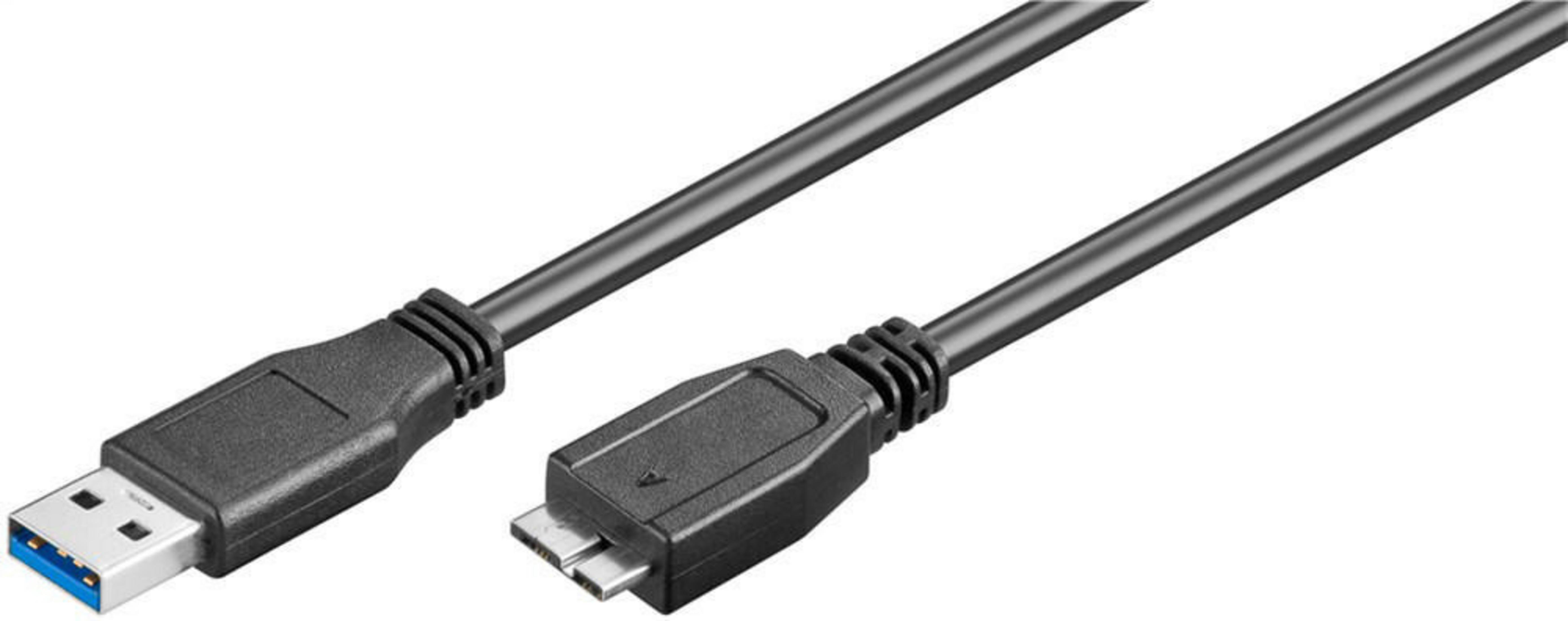 Viene mostrato un cavo USB 3.0 da A a Micro-B nero su uno sfondo bianco.