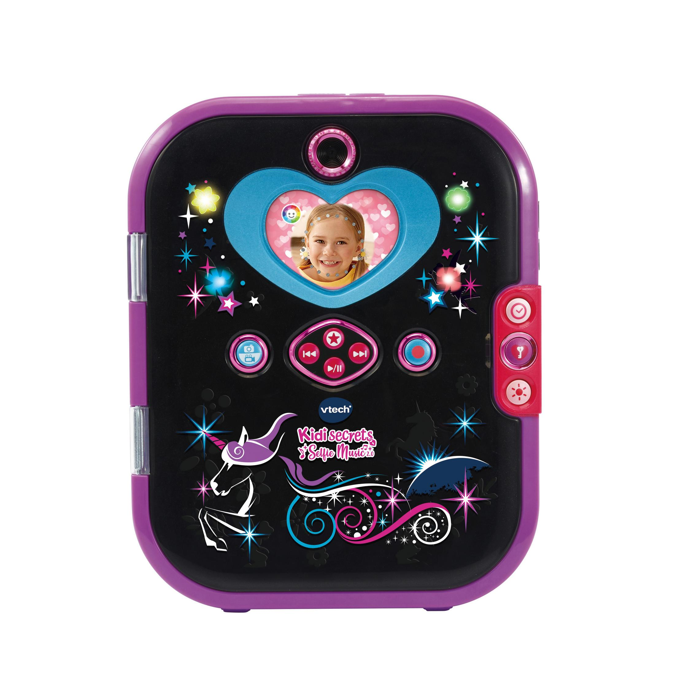 Ein geschlossenes lila VTech Kidisecrets Safe im quadratischen Format mit Einhorn-Design und digitalem Bildschirm.