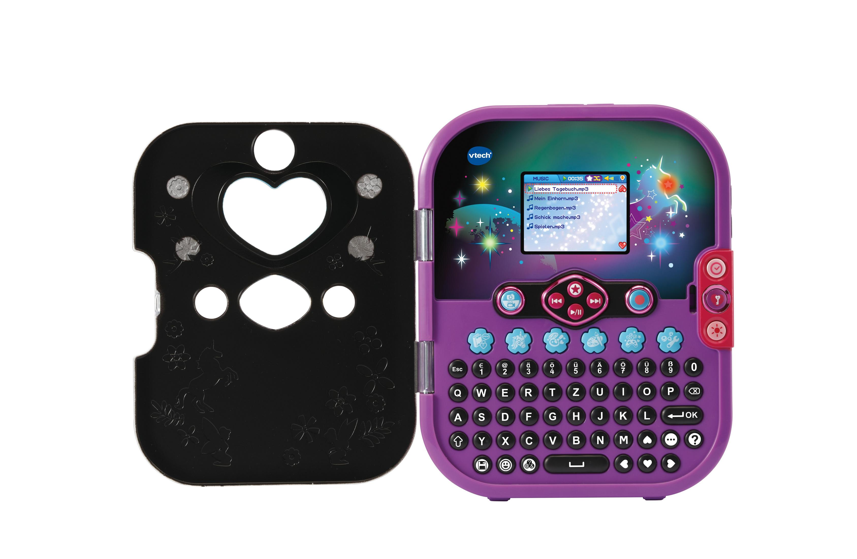 Offener lila VTech Kidisecrets Safe mit Tastatur, Bildschirm und schwarzer Abdeckung auf weißem Hintergrund.