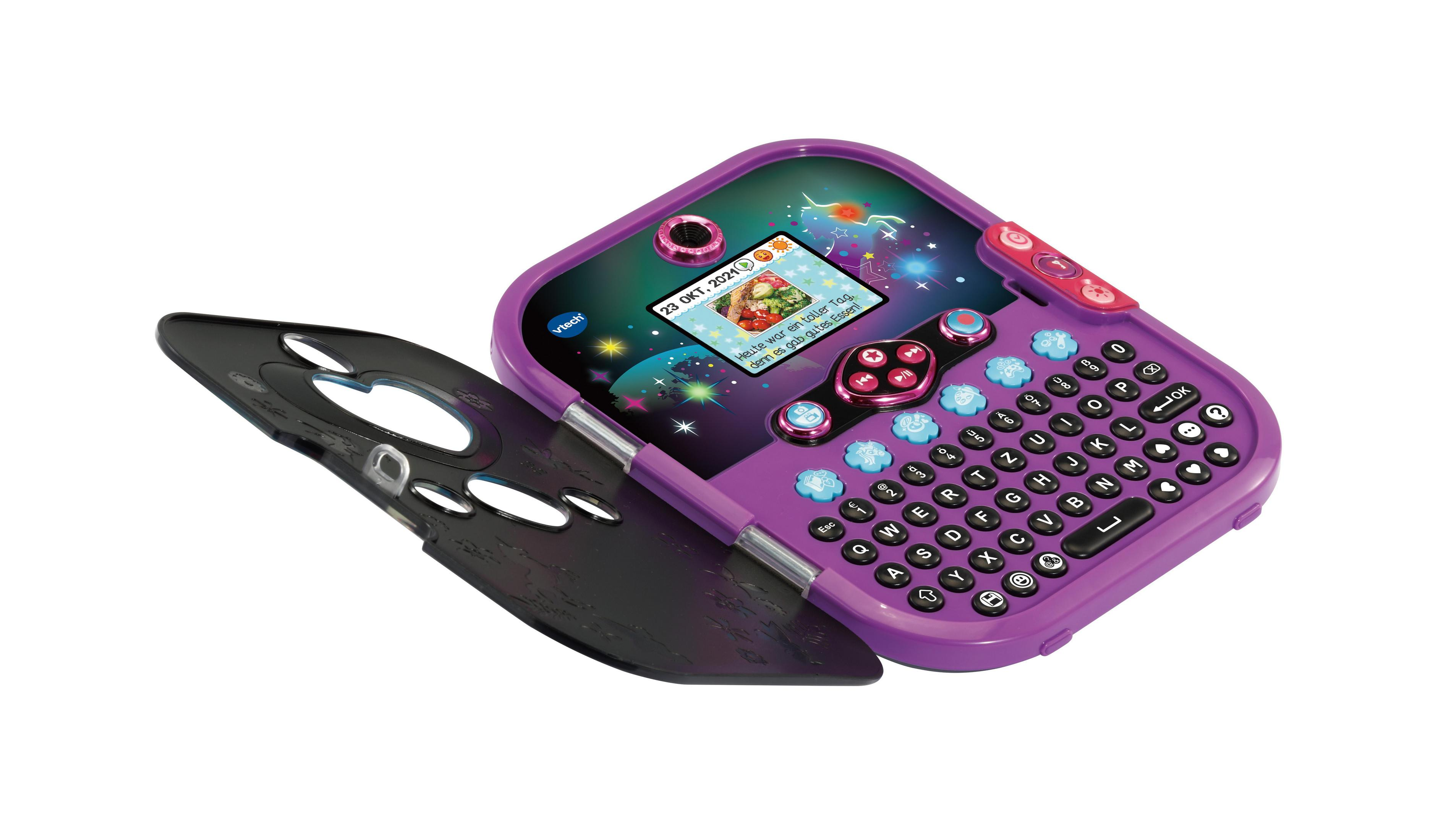 Offener lila VTech Kidisecrets Safe mit Tastatur und Bildschirm auf weißem Hintergrund.