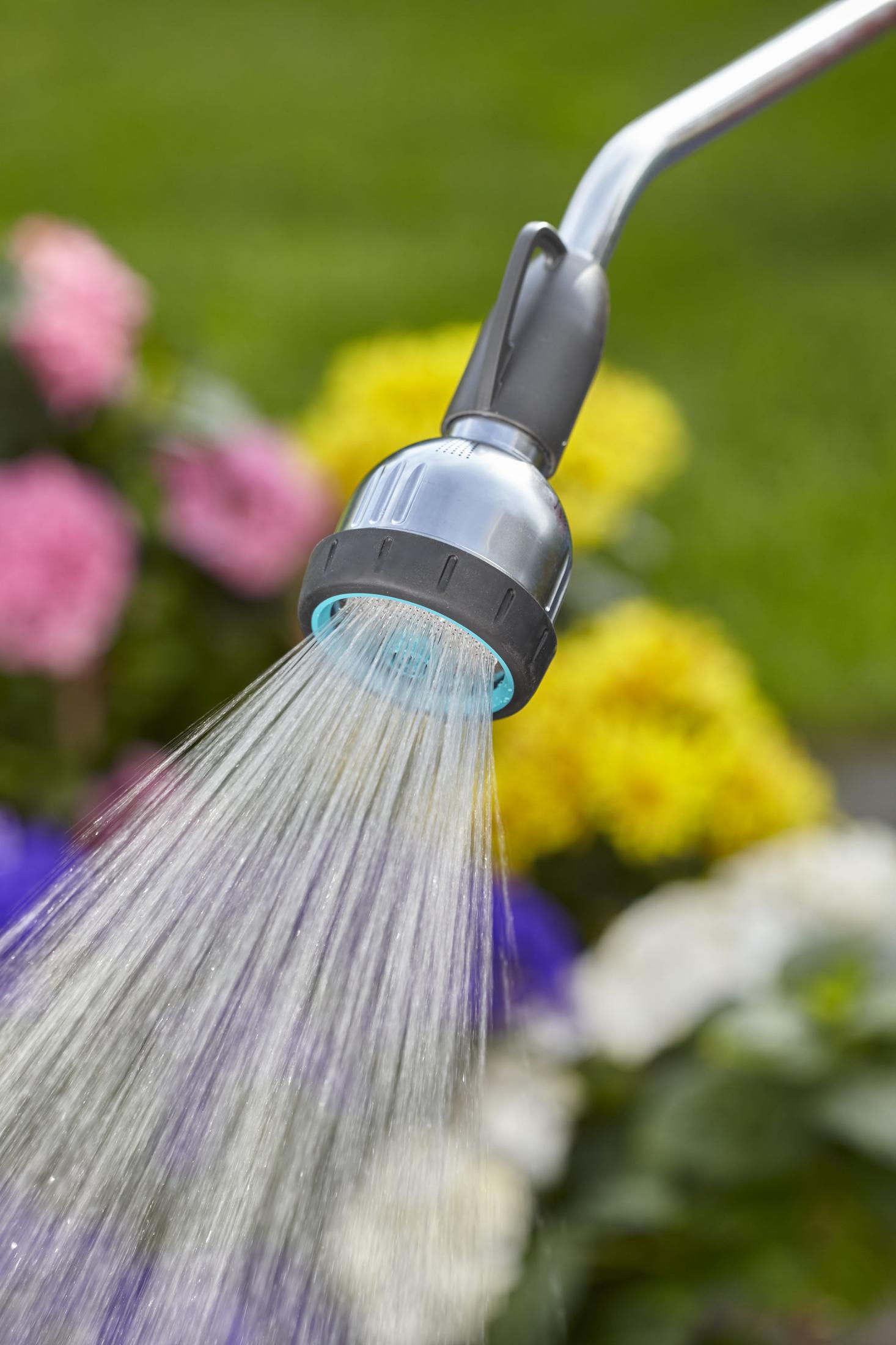 Wasser strömt aus einer silbernen Gartenschlauchdüse inmitten bunter Blumen in einem Garten.