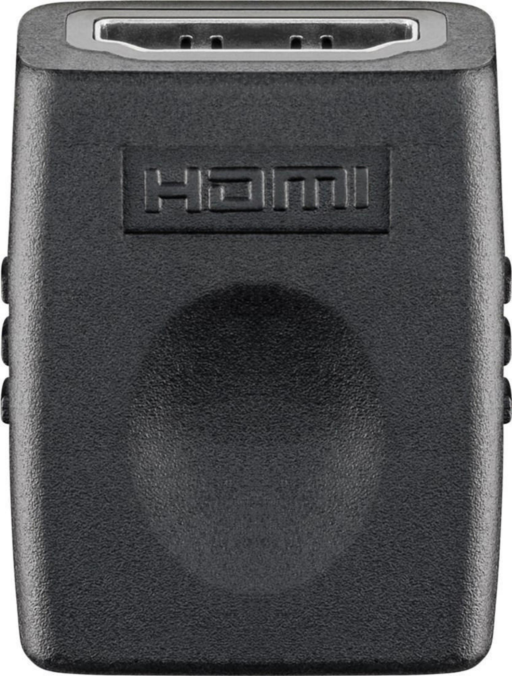 Eine Nahaufnahme eines schwarzen HDMI-Adapters mit dem HDMI-Logo auf der Vorderseite.