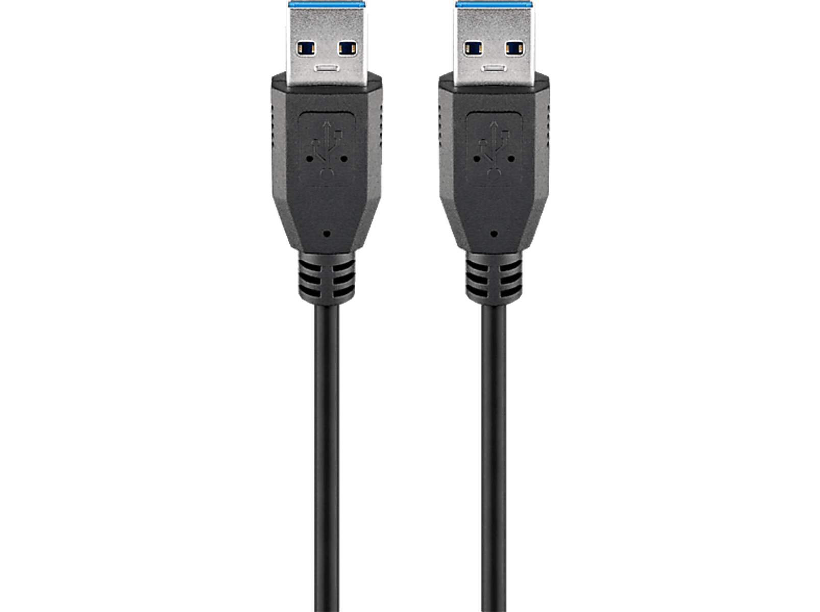 Zwei schwarze USB 3.0-Kabel mit blauen Anschlüssen vor schwarzem Hintergrund.