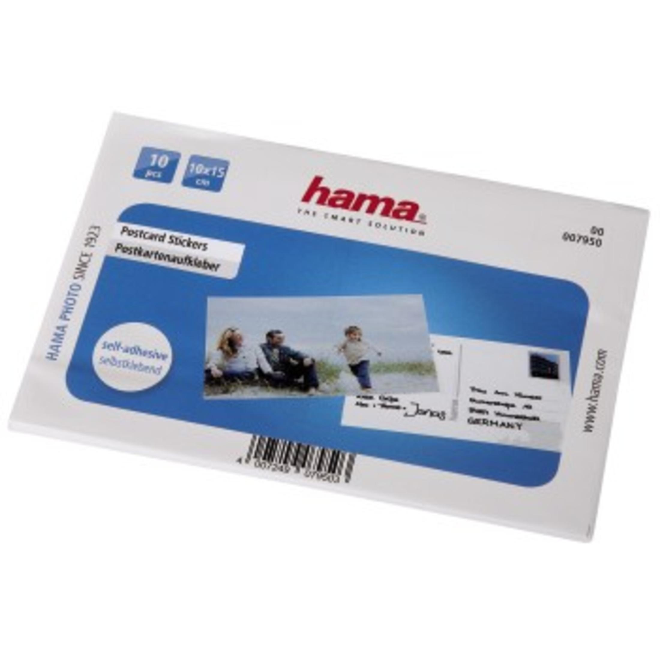 Confezione per adesivi per cartoline Hama, che mostra una famiglia sulla spiaggia e una cartolina scritta a mano.
