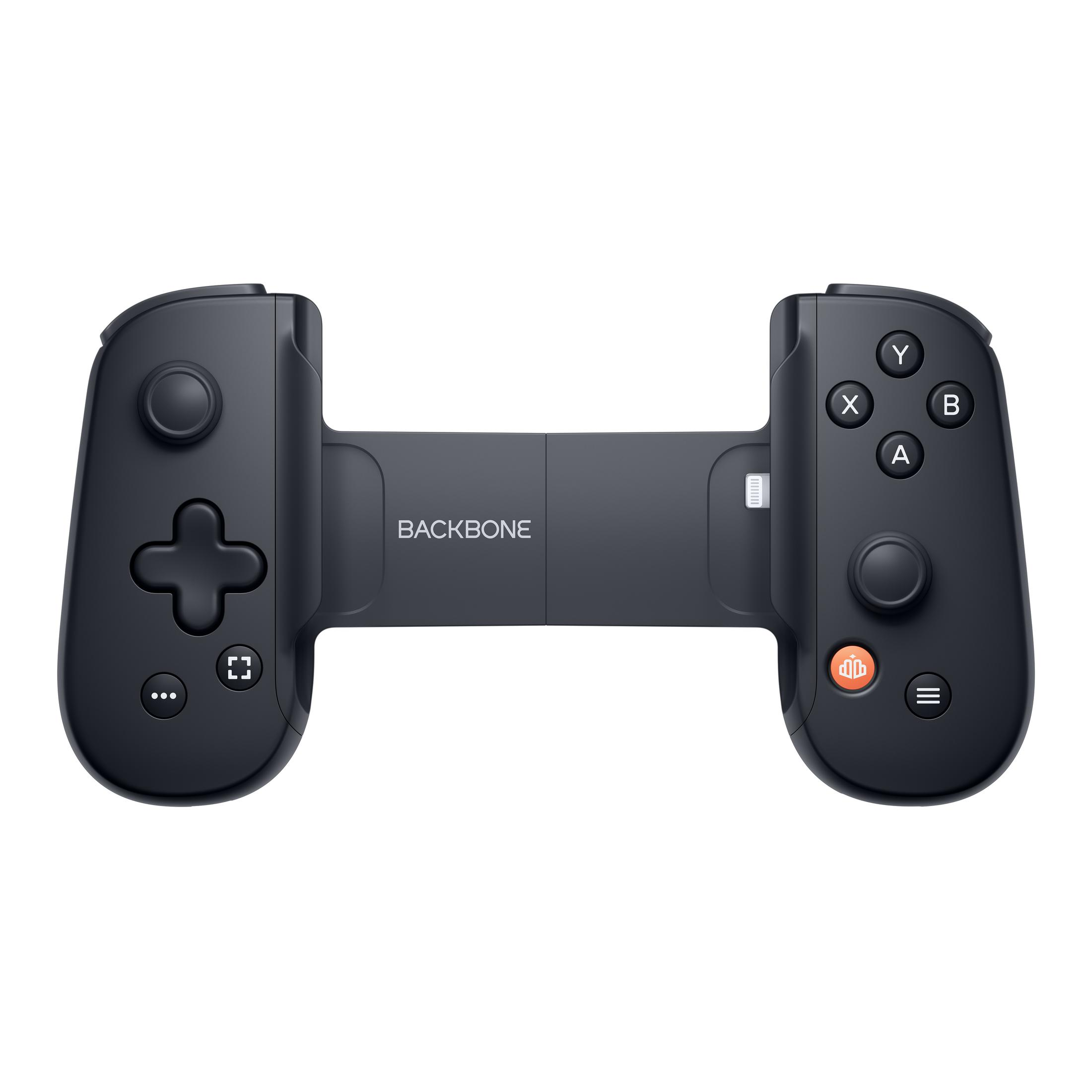 Das Bild zeigt einen schwarzen Backbone One Mobile Gaming Controller auf einem weißen Hintergrund.