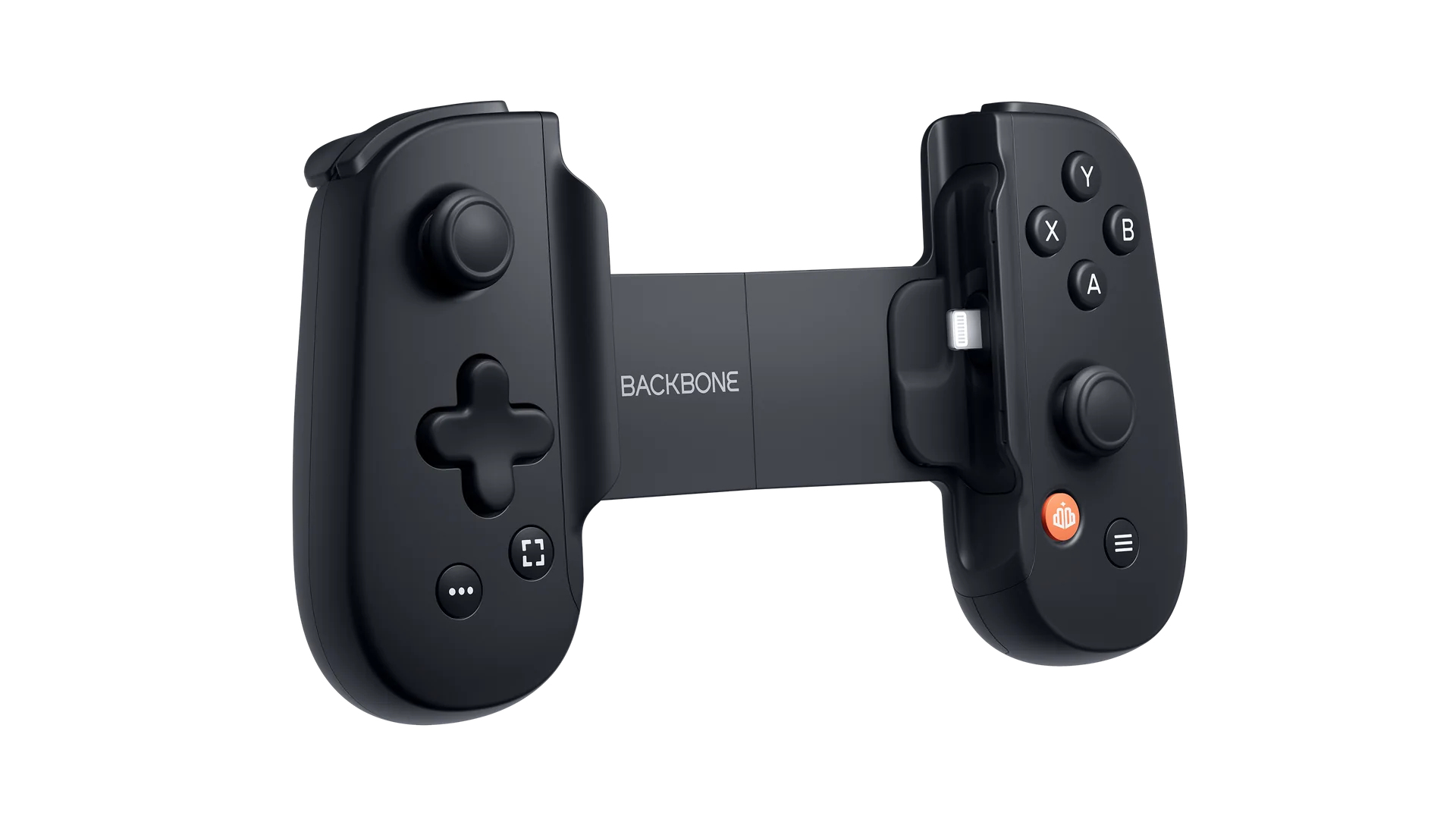 Dieses Bild zeigt einen schwarzen Backbone One Mobile Gaming Controller auf einem weißen Hintergrund.