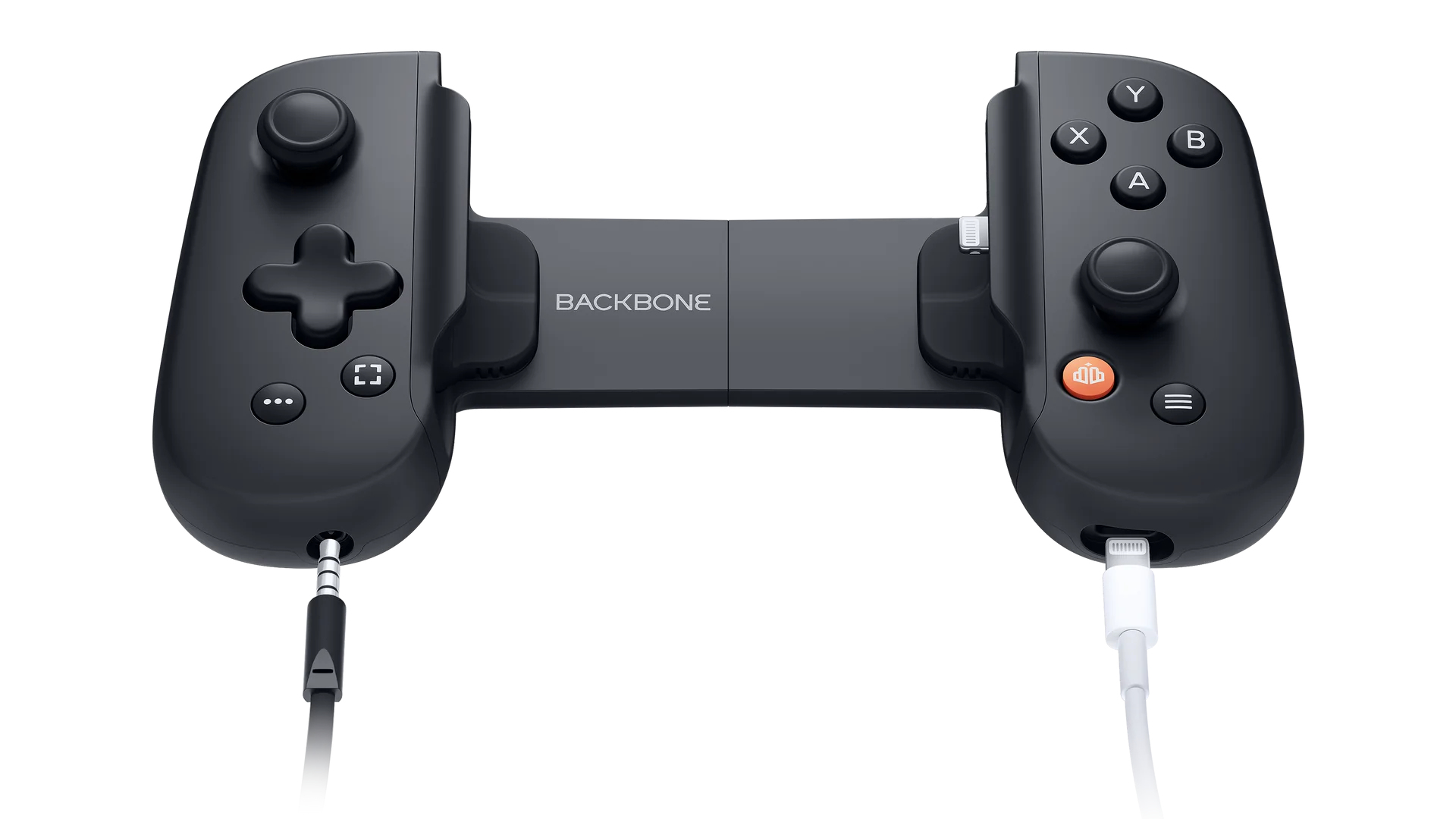 Ein schwarzer Backbone One Mobile Gaming Controller mit Kopfhöreranschluss und angeschlossenem Lightning-Kabel.
