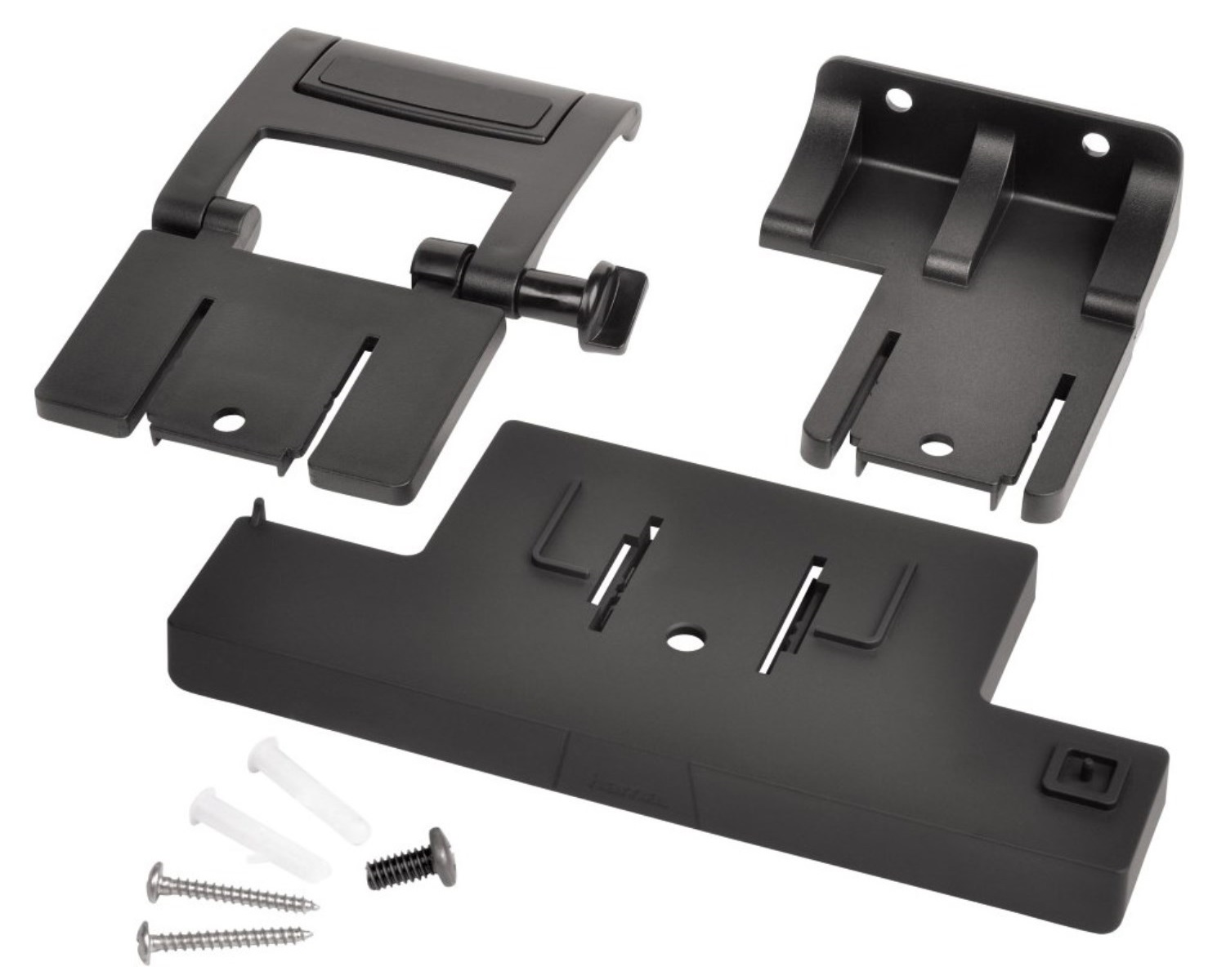 Eine Sammlung von schwarzen Kunststoff-Montageteilen und -Hardware, darunter Halterungen, Schrauben und Dübel, die auf einer weißen Oberfläche ausgelegt sind.