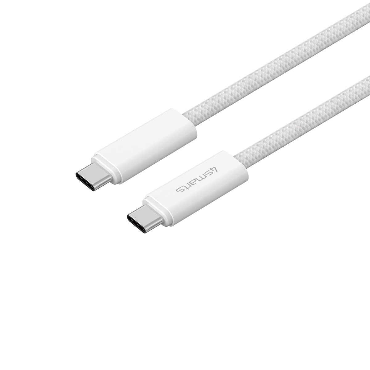 Ein weißes USB-C-Kabel mit dem Aufdruck „4smarts“ liegt diagonal vor einem weißen Hintergrund.
