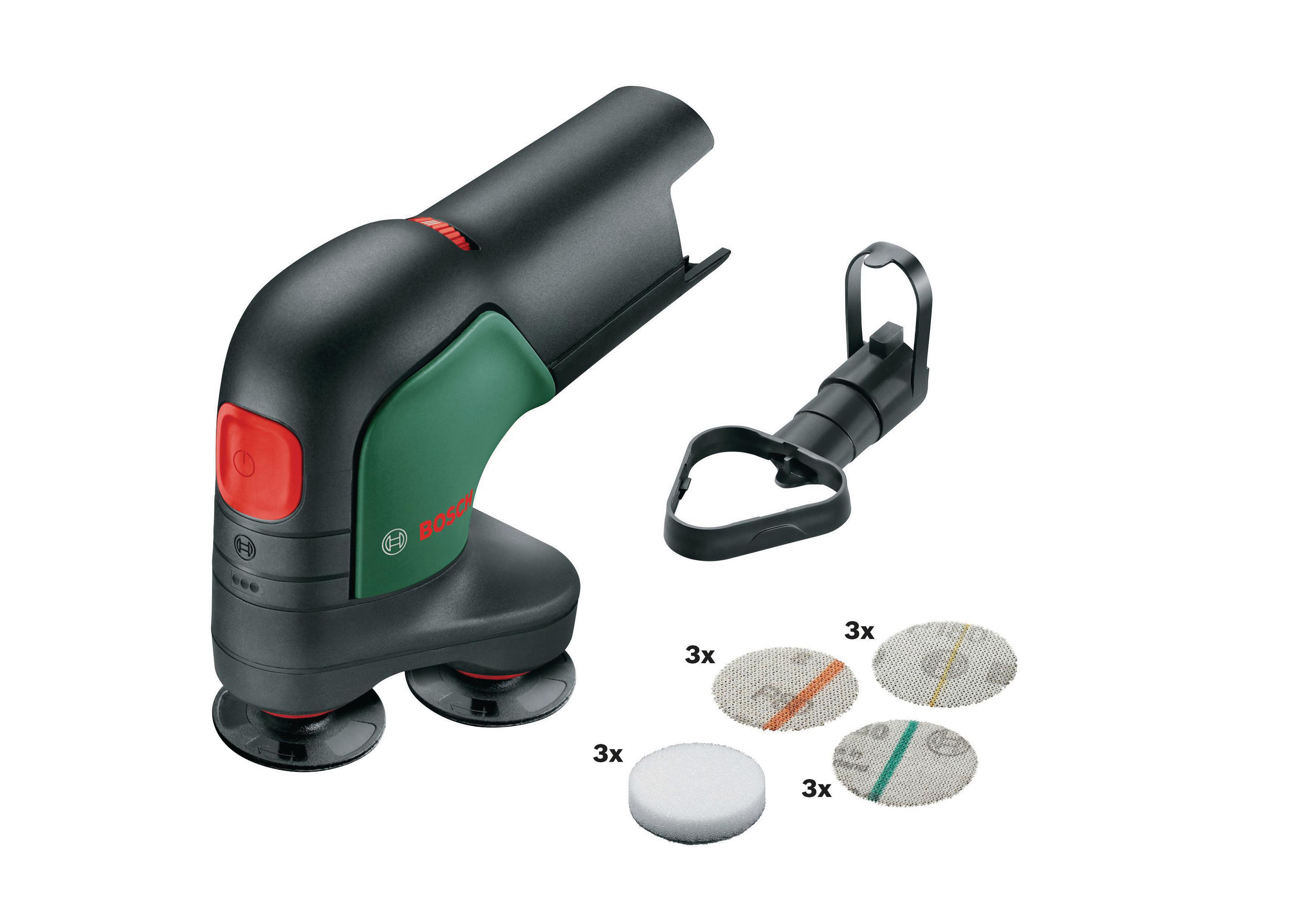 Bosch-Eckenschleifer mit Zubehör und Schleifpads auf weißem Hintergrund.