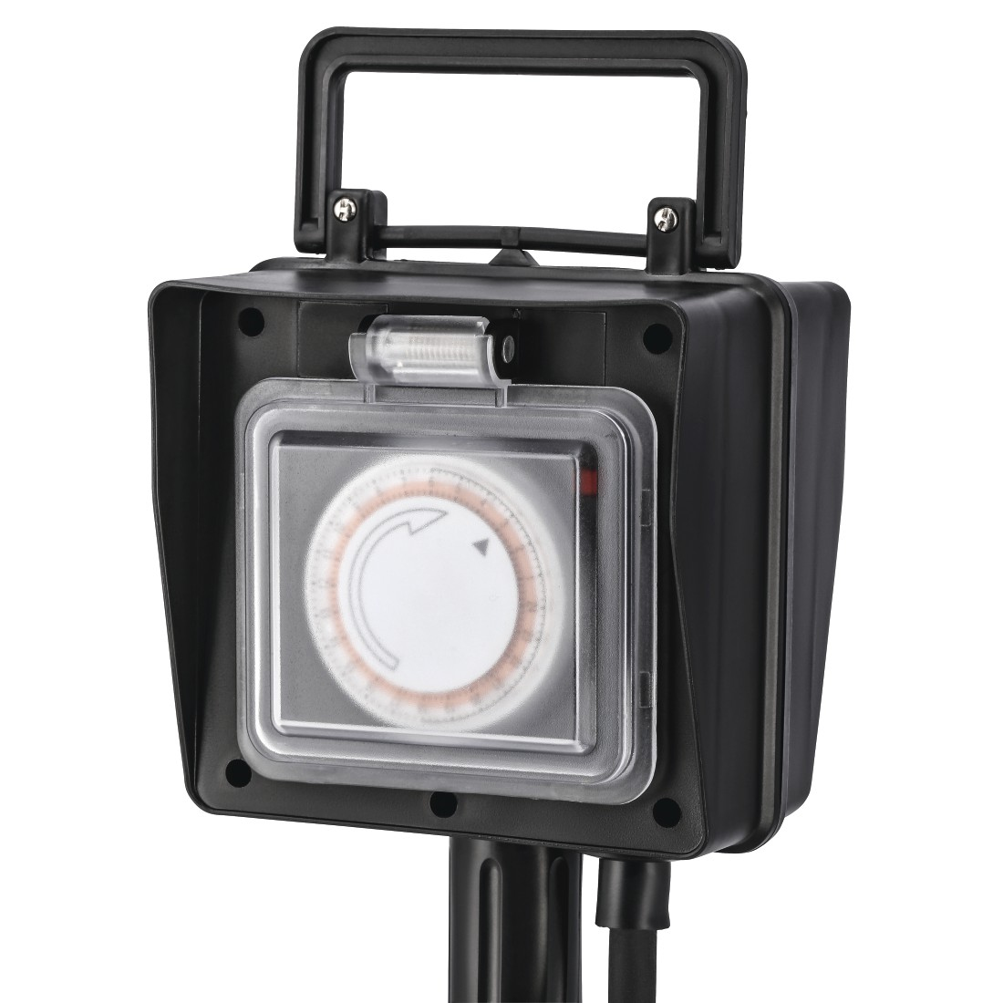 Nahaufnahme einer schwarzen Outdoor-Timerbox mit einer durchsichtigen Abdeckung über dem Timer-Zifferblatt.