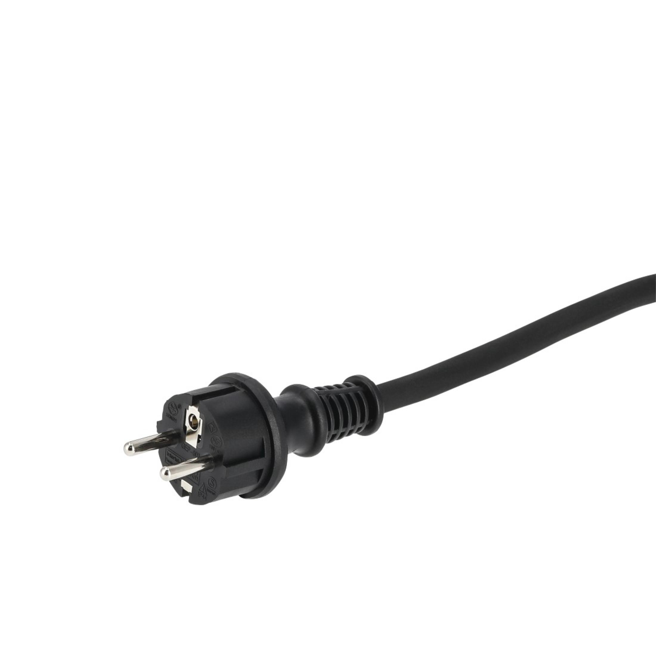 Ein schwarzer europäischer Stecker mit zwei runden Stiften auf weißem Hintergrund.