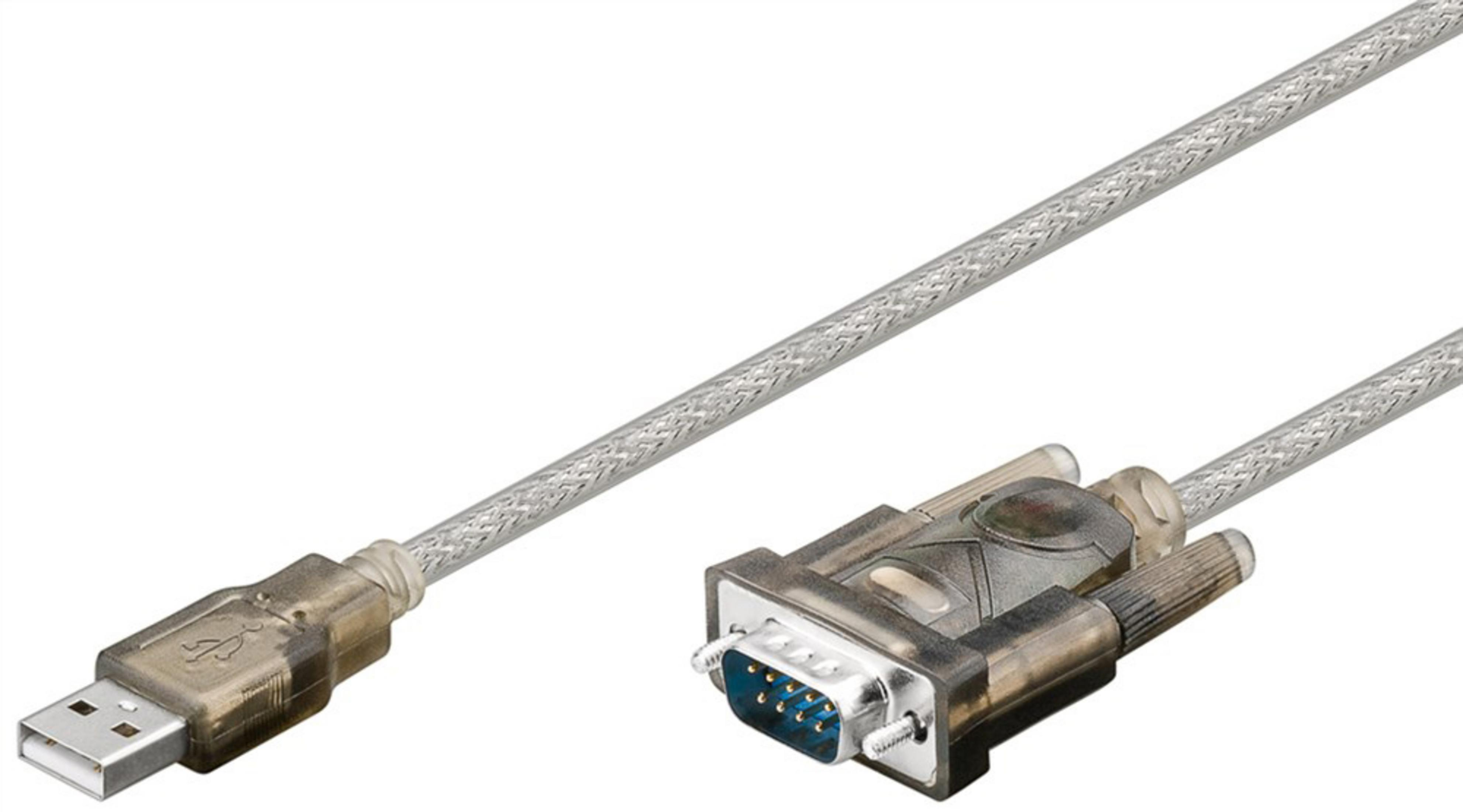 Un cable USB con una cubierta gris transparente y un conector de puerto serie a la derecha.