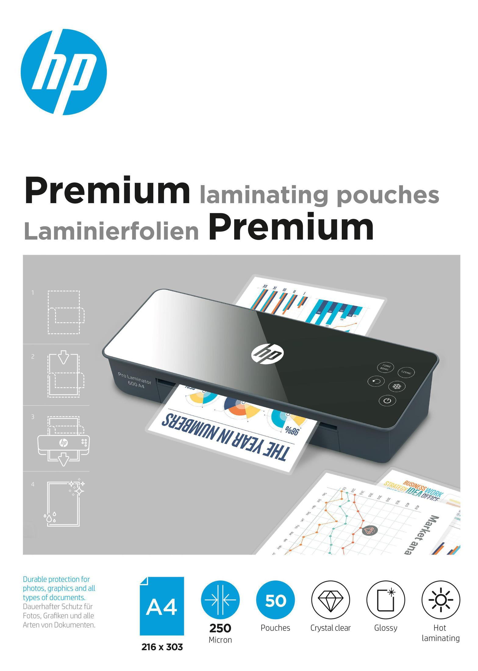 Confezione per una plastificatrice HP, che mostra la plastificatrice e la grafica. Il testo recita: "Buste per plastificazione Premium".