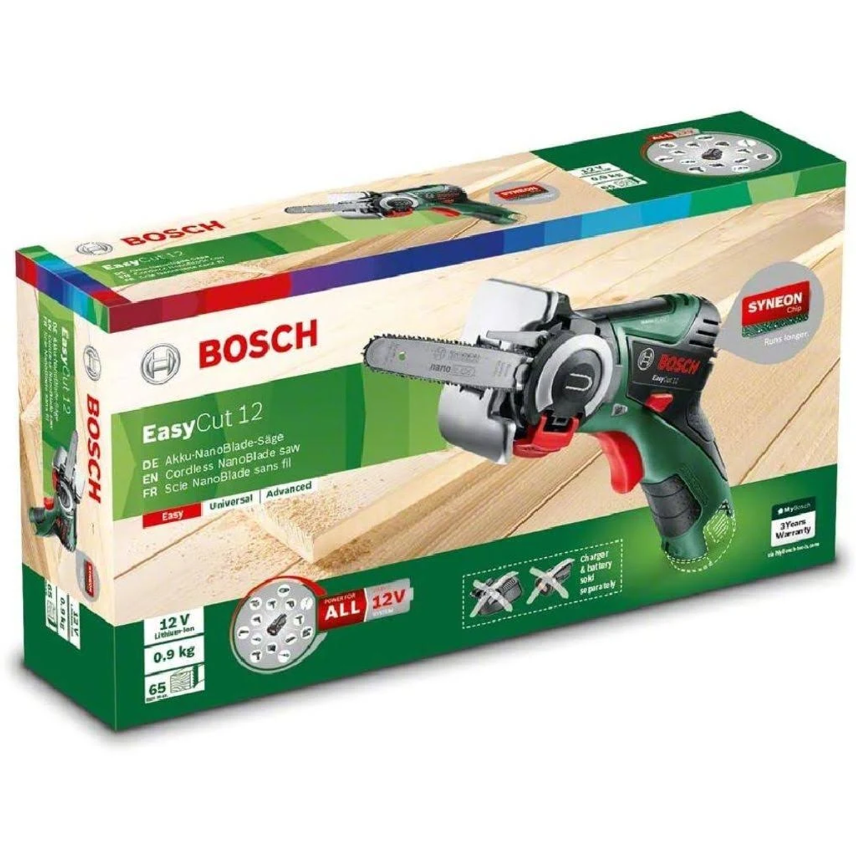 Verpackte Bosch EasyCut 12 Akku-Nano-Blattsäge. Die Verpackung zeigt das Werkzeug und Funktionen. Text in DE, EN, FR.