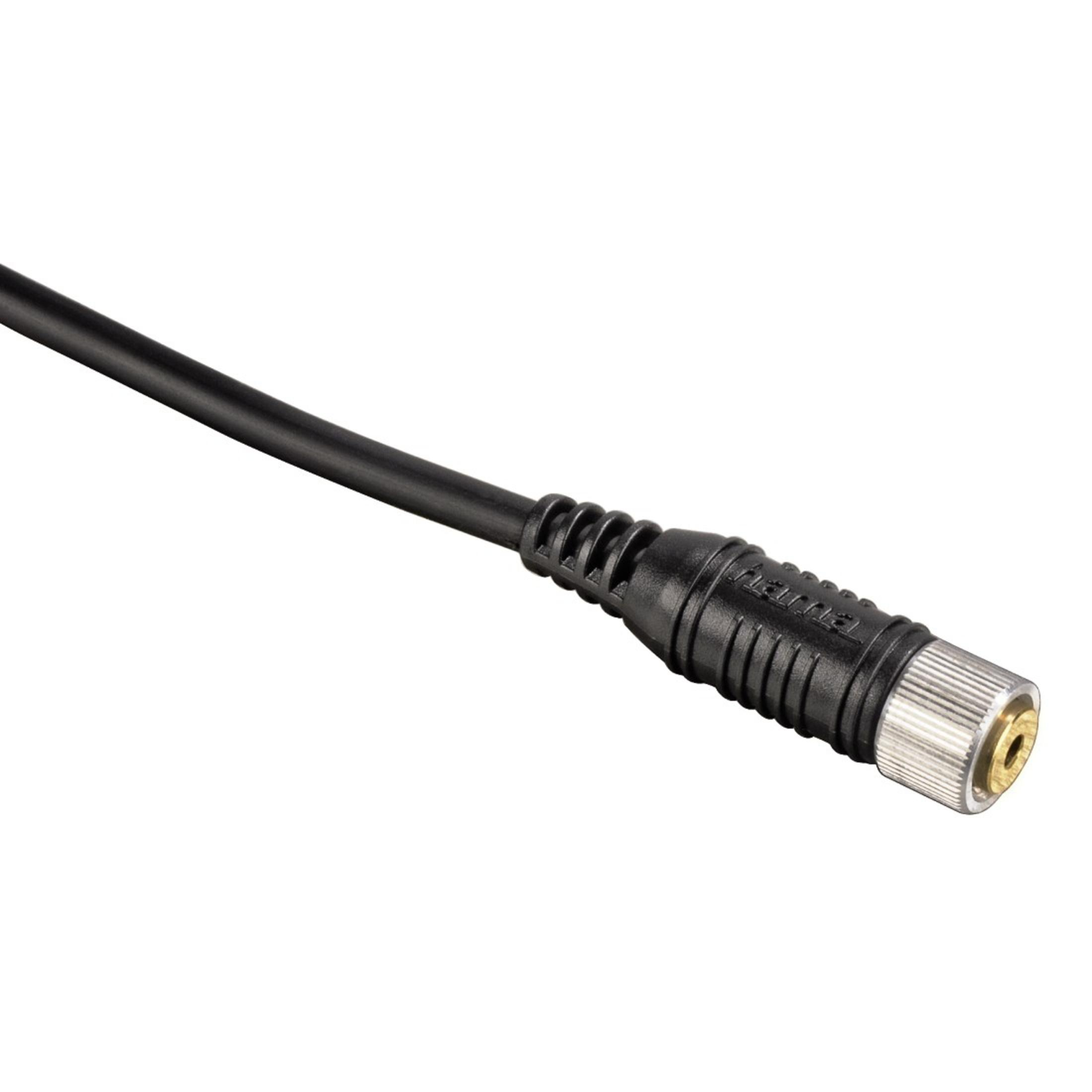 Close-up of a black cable with a metal connector featuring a gold-colored hole in the center.
