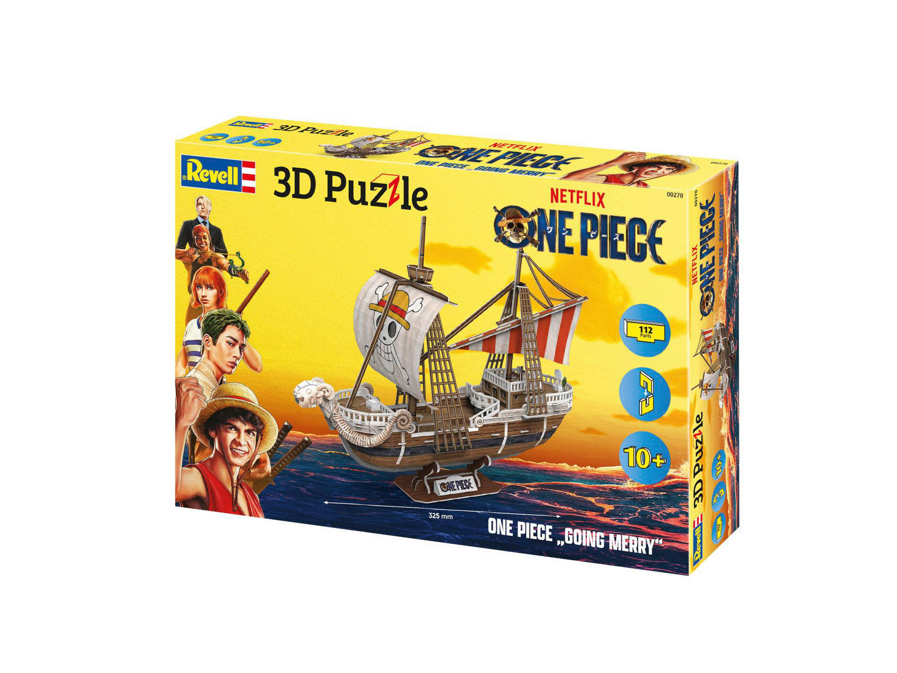 Rompecabezas 3D en caja de un barco de One Piece. La caja tiene personajes y texto en varios idiomas.