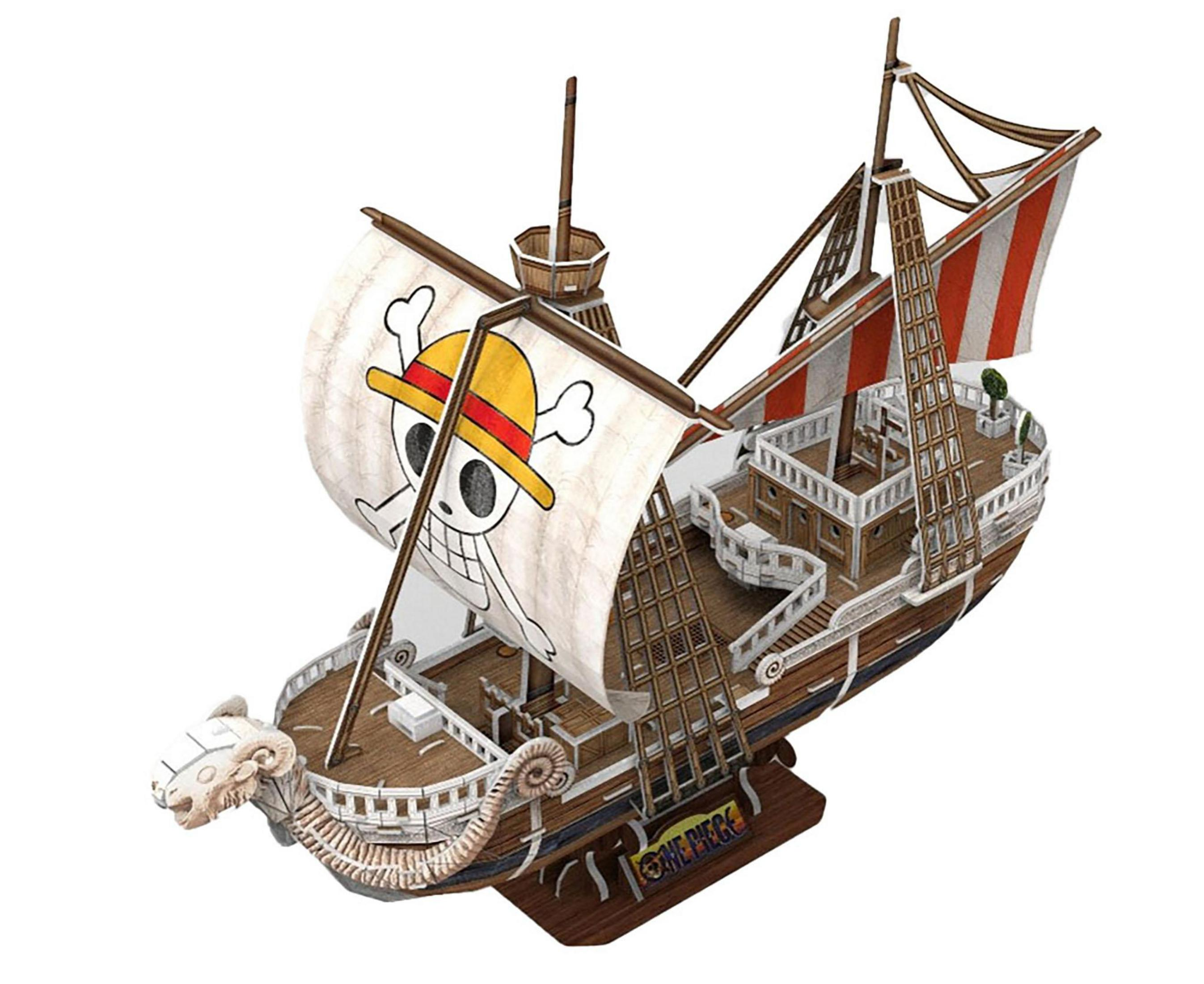 Un modelo 3D del barco de One Piece. Es un barco de madera con una vela blanca y una calavera y huesos cruzados.