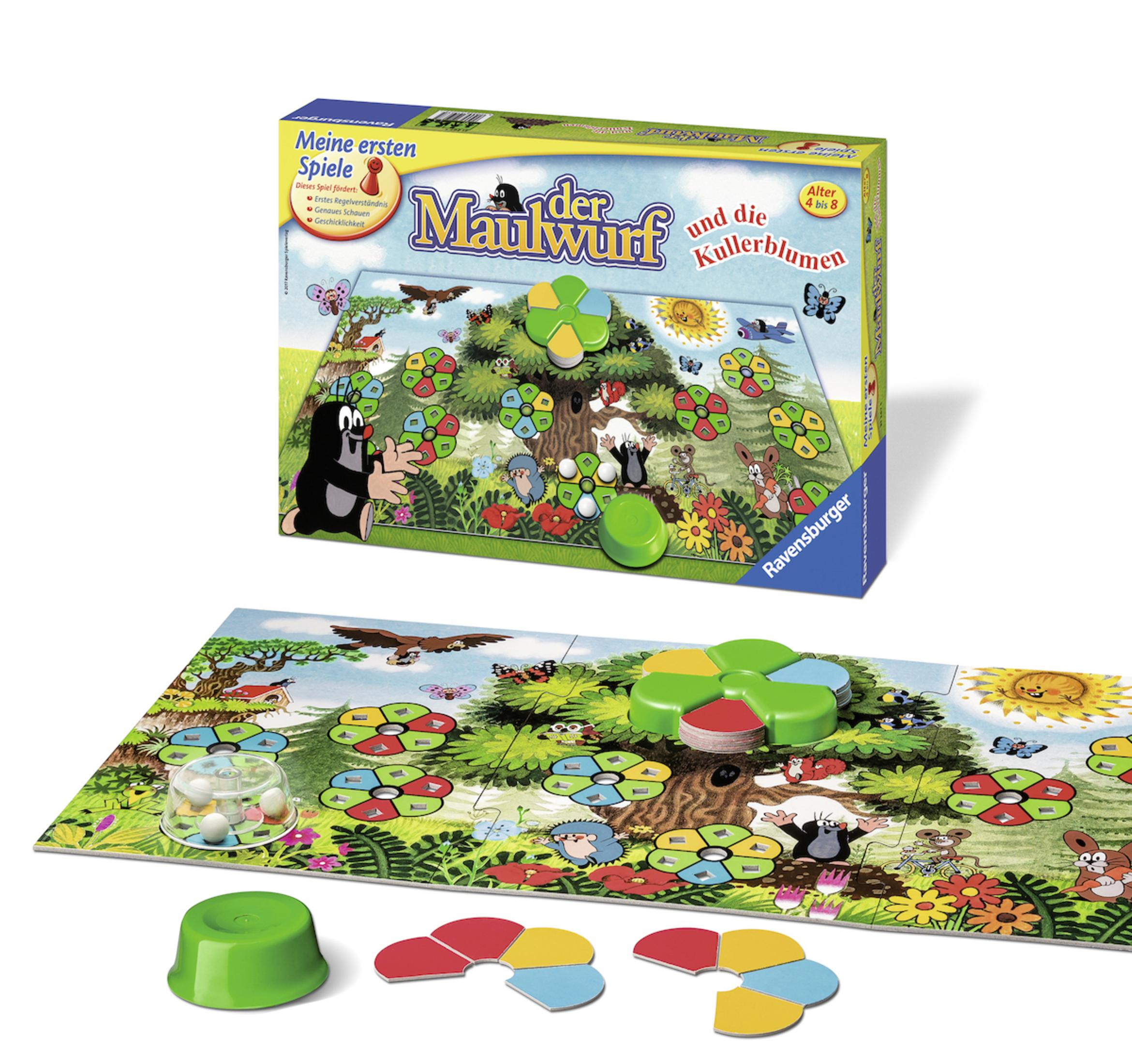 Ein Brettspielkarton und Spielbrett. Das Spiel zeigt eine Maulwurf-Figur und bunte blütenförmige Felder.