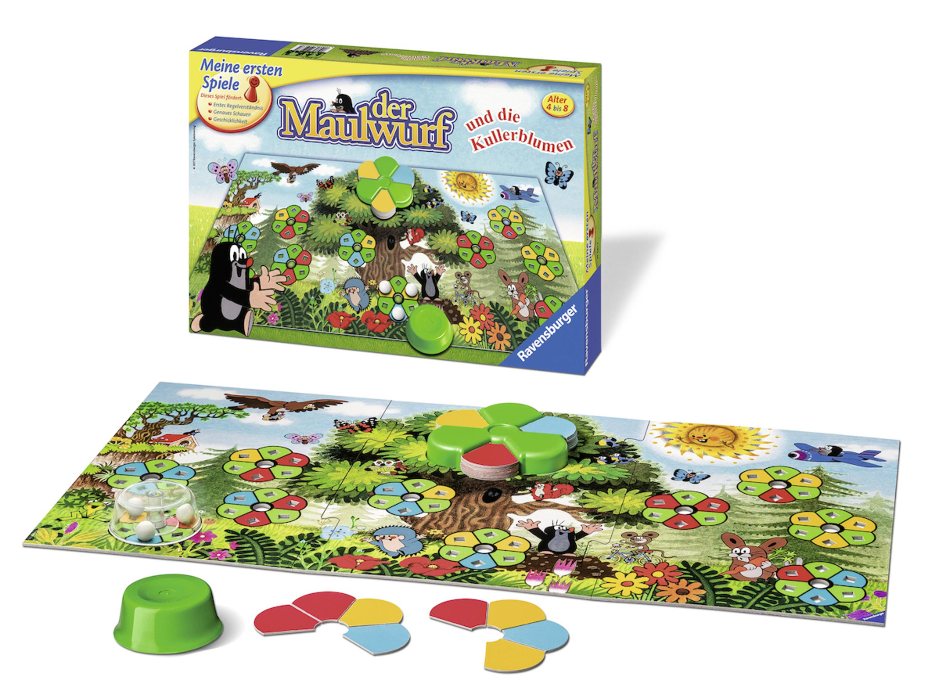 Ein Brettspielkarton und Spielbrett. Das Spiel zeigt eine Maulwurf-Figur und bunte blütenförmige Felder.