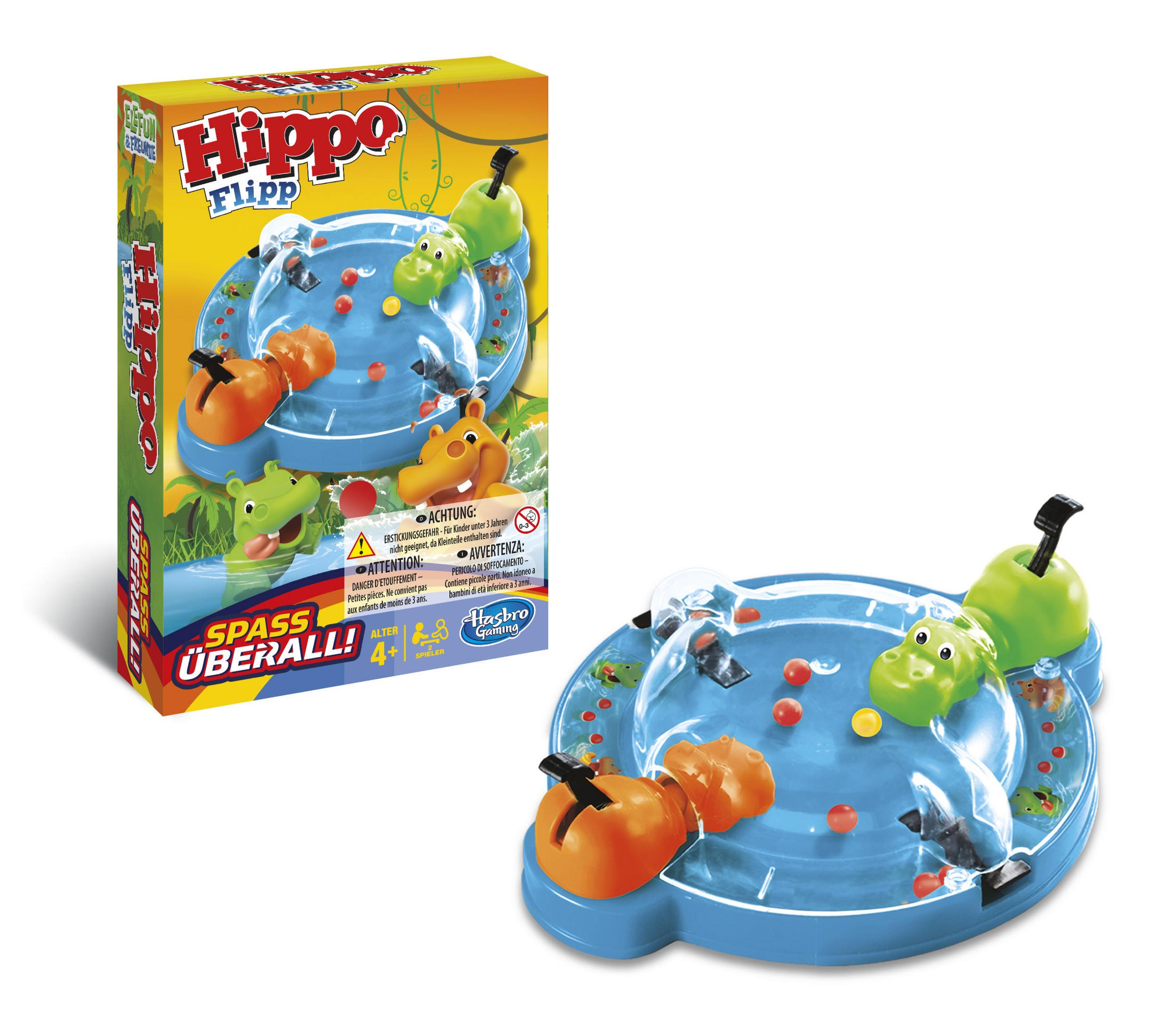 Hippo Flipp Spielbox und Spielbrett. Das Brett ist blau mit Flusspferden und roten Kugeln.