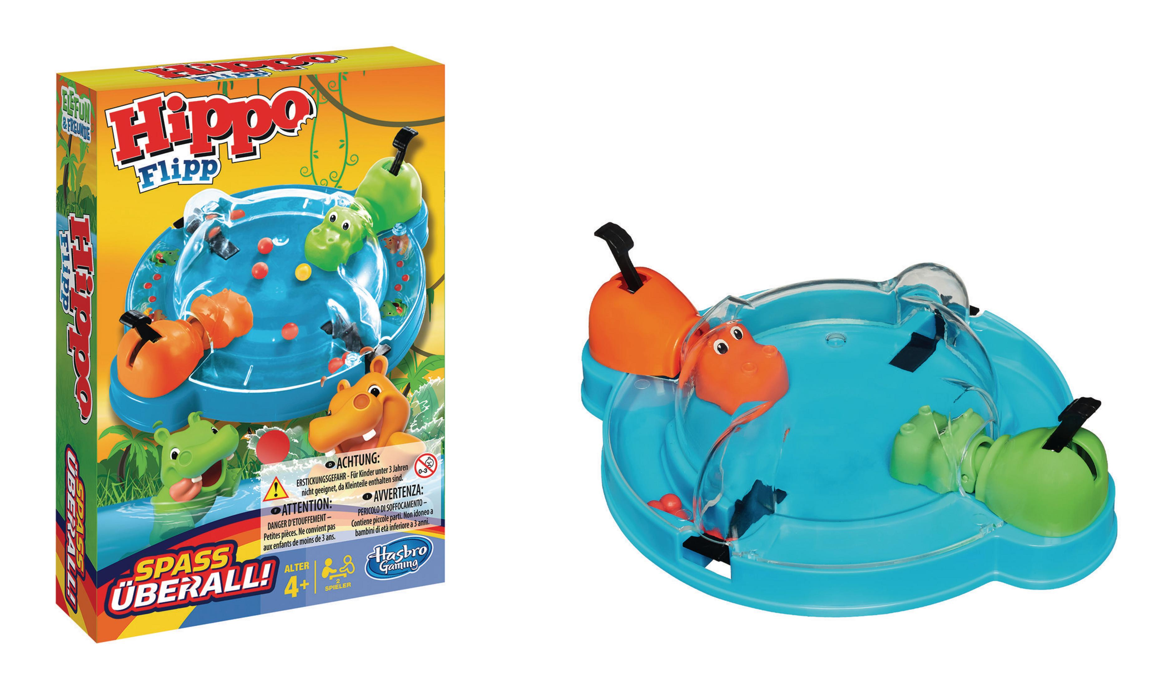 Hippo Flipp Spiel mit Box und Brett. Das Brett ist blau mit Flusspferden und roten Kugeln.