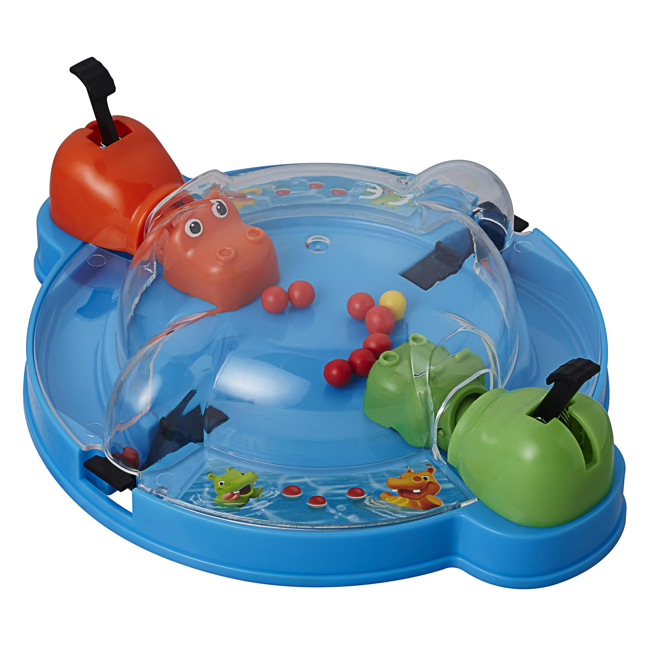 Hippo Flipp Spielbrett mit Flusspferden und roten Kugeln in einem blauen Pool, mit Hebeln.