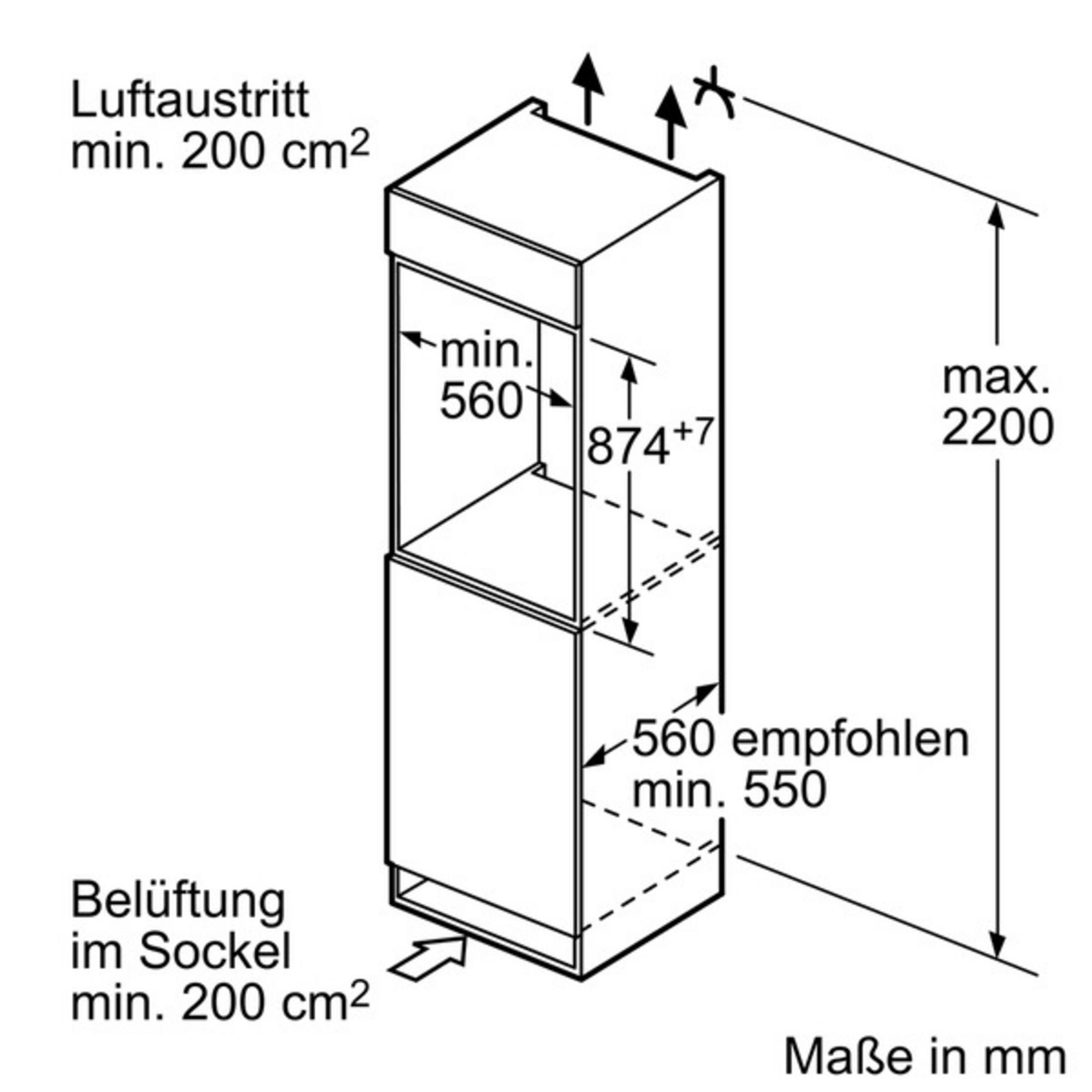 Eine technische Zeichnung eines Einbaugeräts mit Abmessungen in mm.