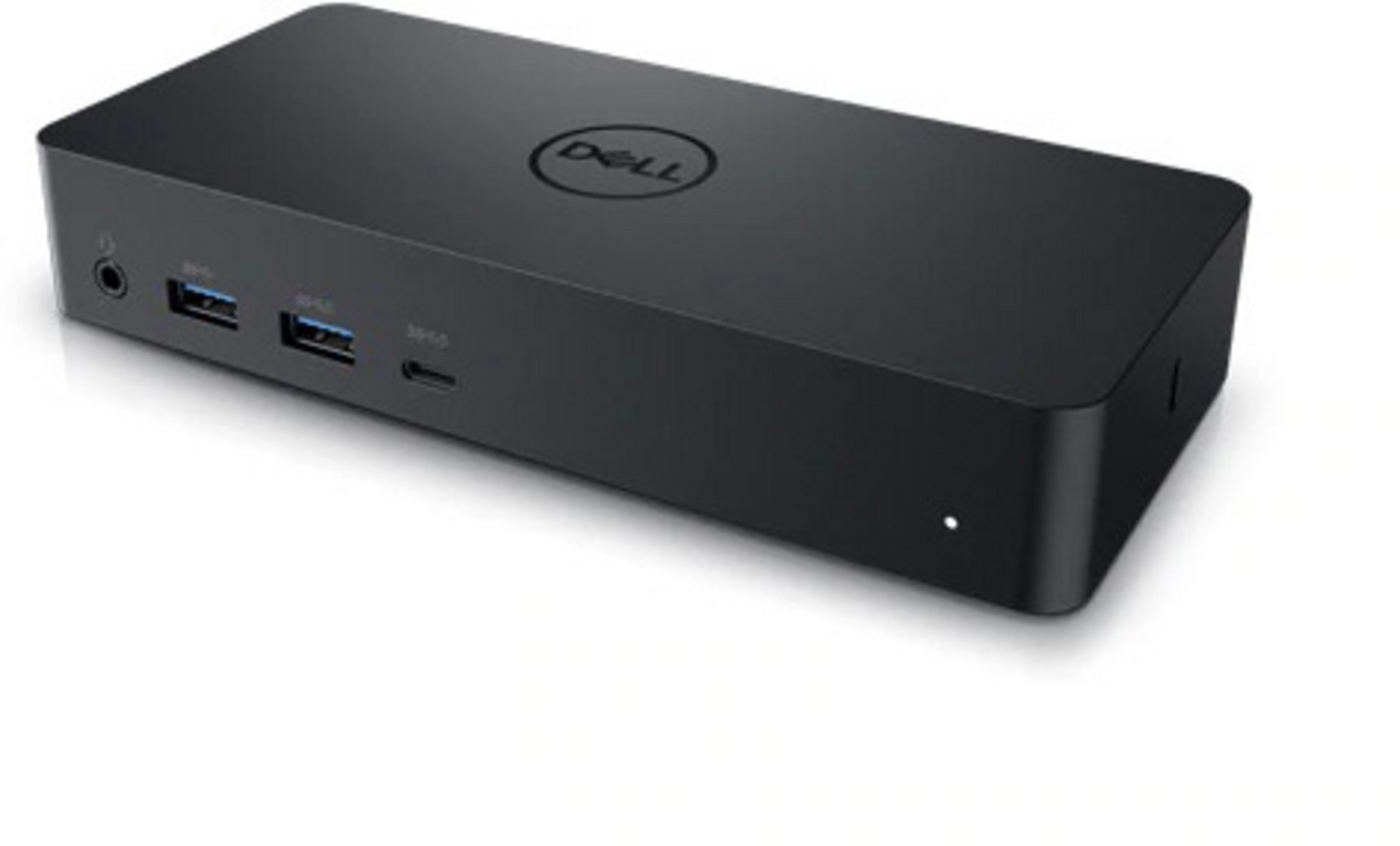 Schwarze Dell-Dockingstation, Draufsicht, mit Logo. Mit Anschlüssen für Audio, USB und USB-C. Weißer Hintergrund.