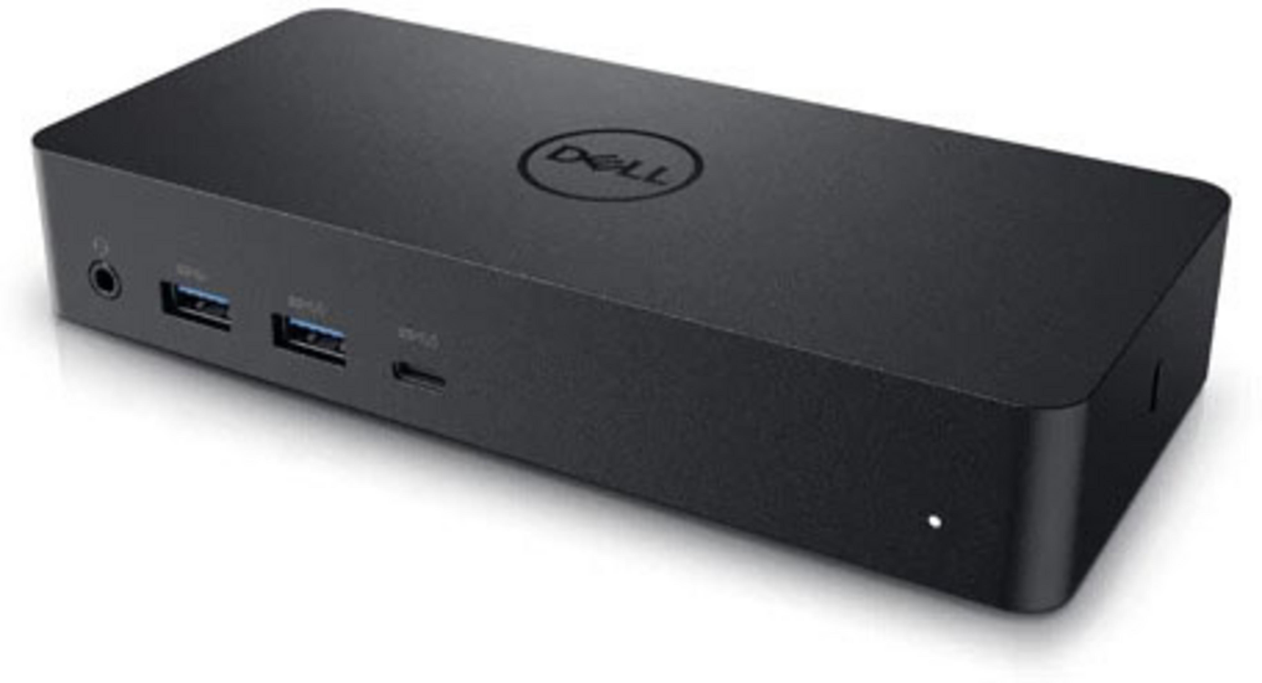 Schwarze Dell-Dockingstation, Draufsicht, mit Logo. Mit Anschlüssen für Audio, USB und USB-C. Weißer Hintergrund.
