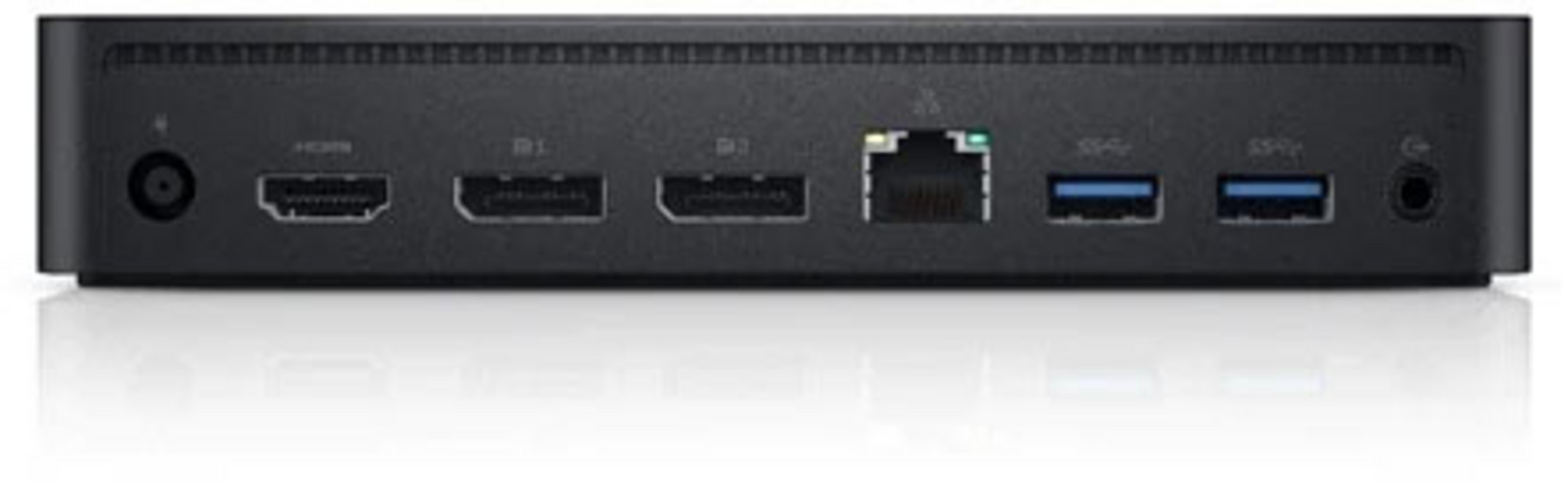 Nahaufnahme einer schwarzen Dell-Dockingstation mit verschiedenen Anschlüssen. HDMI-, LAN-, USB- und Audioanschlüsse sind sichtbar.