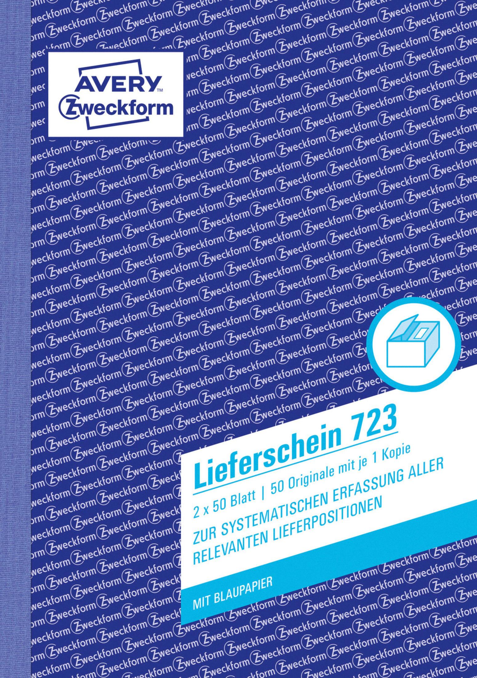 Avery Zweckform Formular mit Text. Das Papier ist weiß mit einem blauen Avery Zweckform Design.