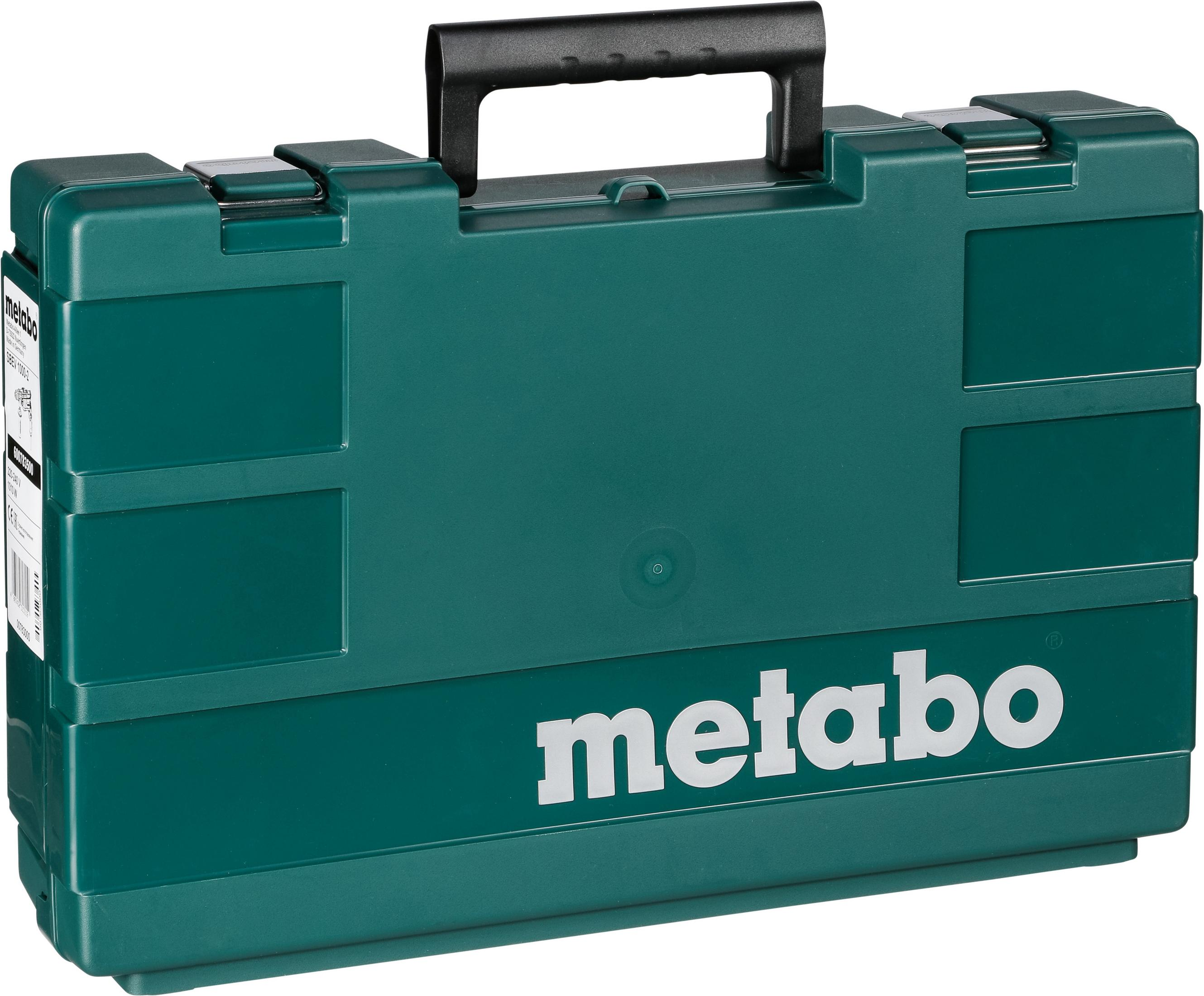 Grüner Metabo Werkzeugkoffer mit Griff. Der Werkzeugkoffer hat das Metabo-Logo in Weiß auf der Vorderseite.