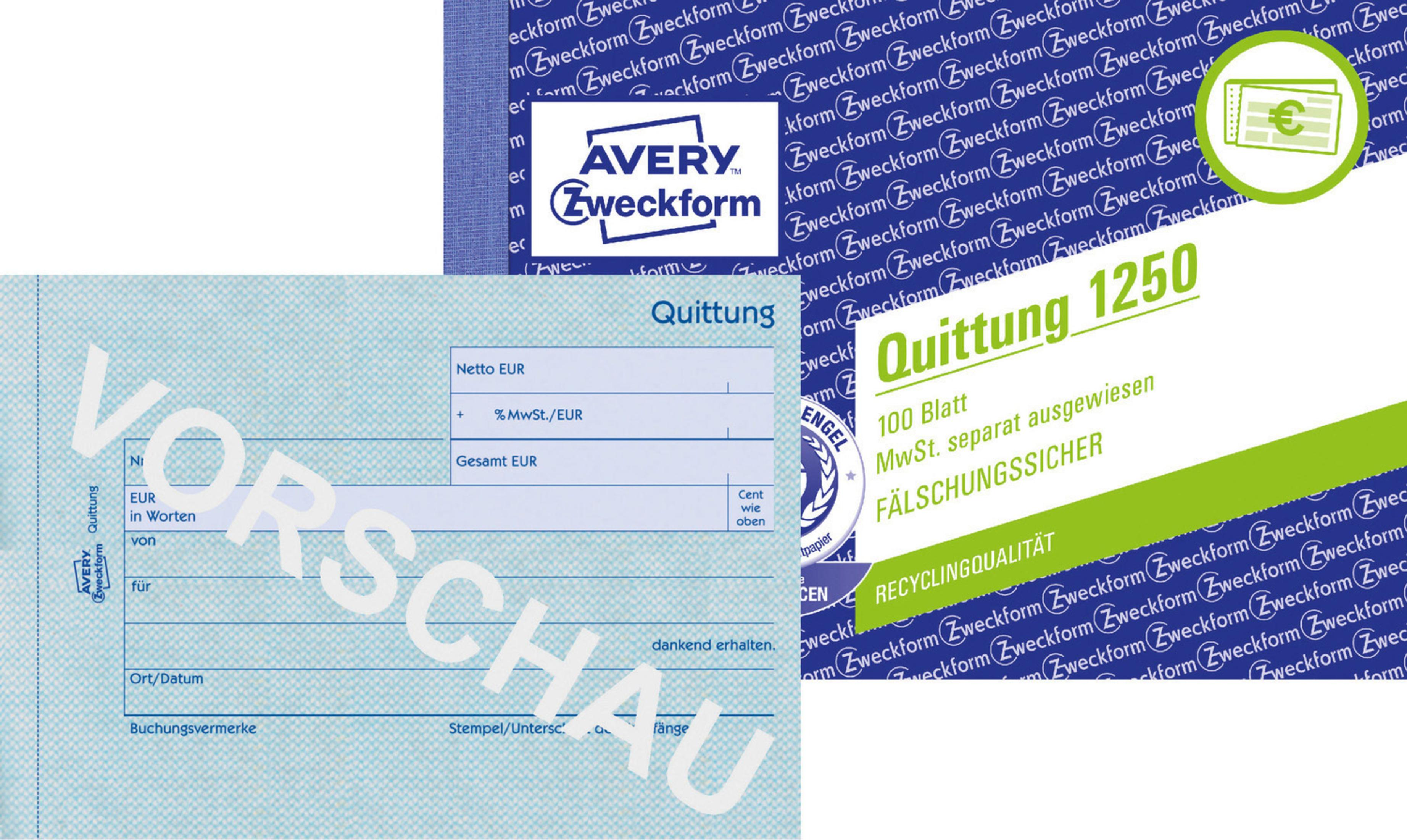 Quittungsformulare von Avery Zweckform. Die Formulare sind blau und weiß mit verschiedenem Text und einem Logo.