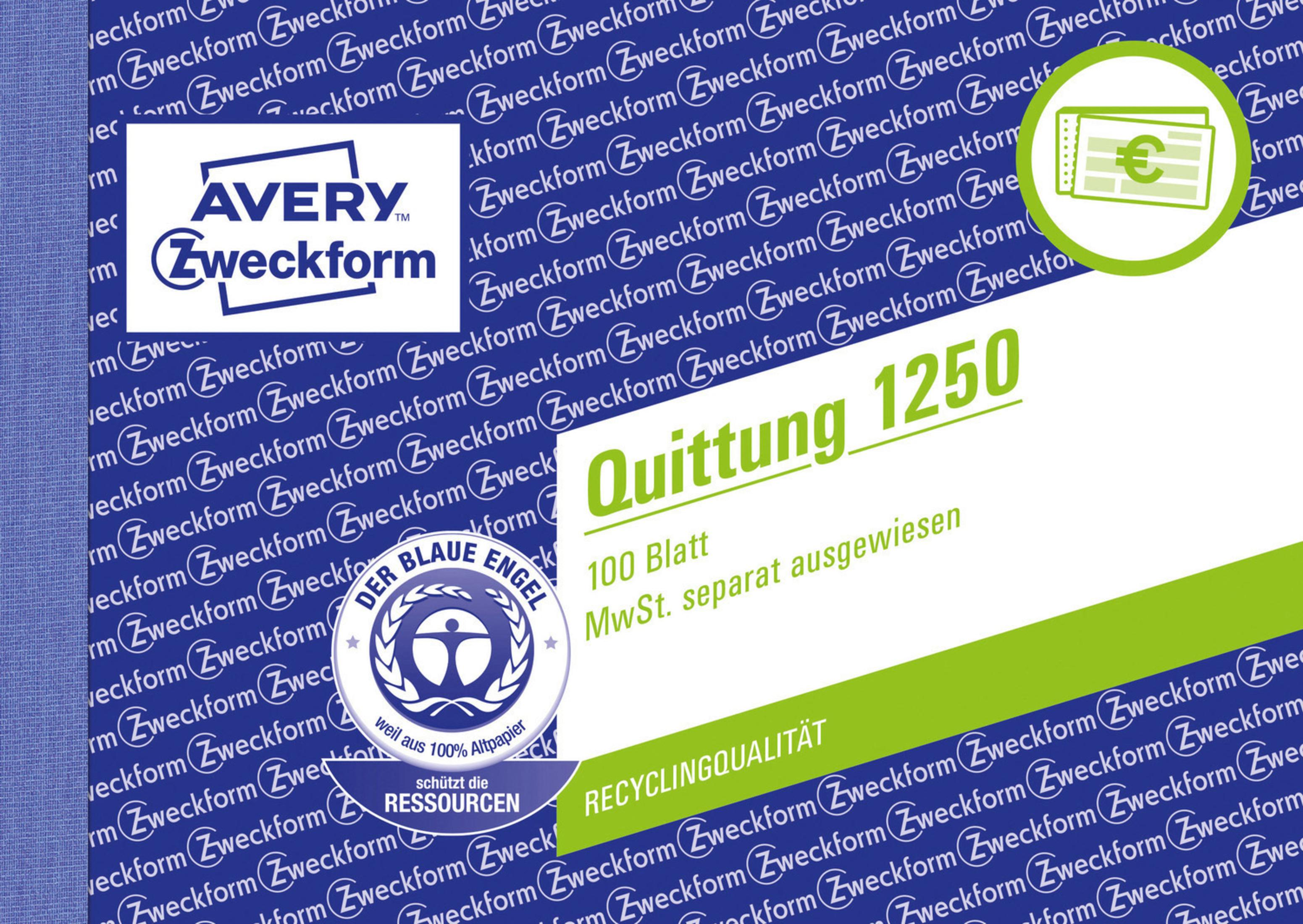 Quittungsformulare von Avery Zweckform. Die Formulare sind blau und weiß mit verschiedenem Text und einem Logo.