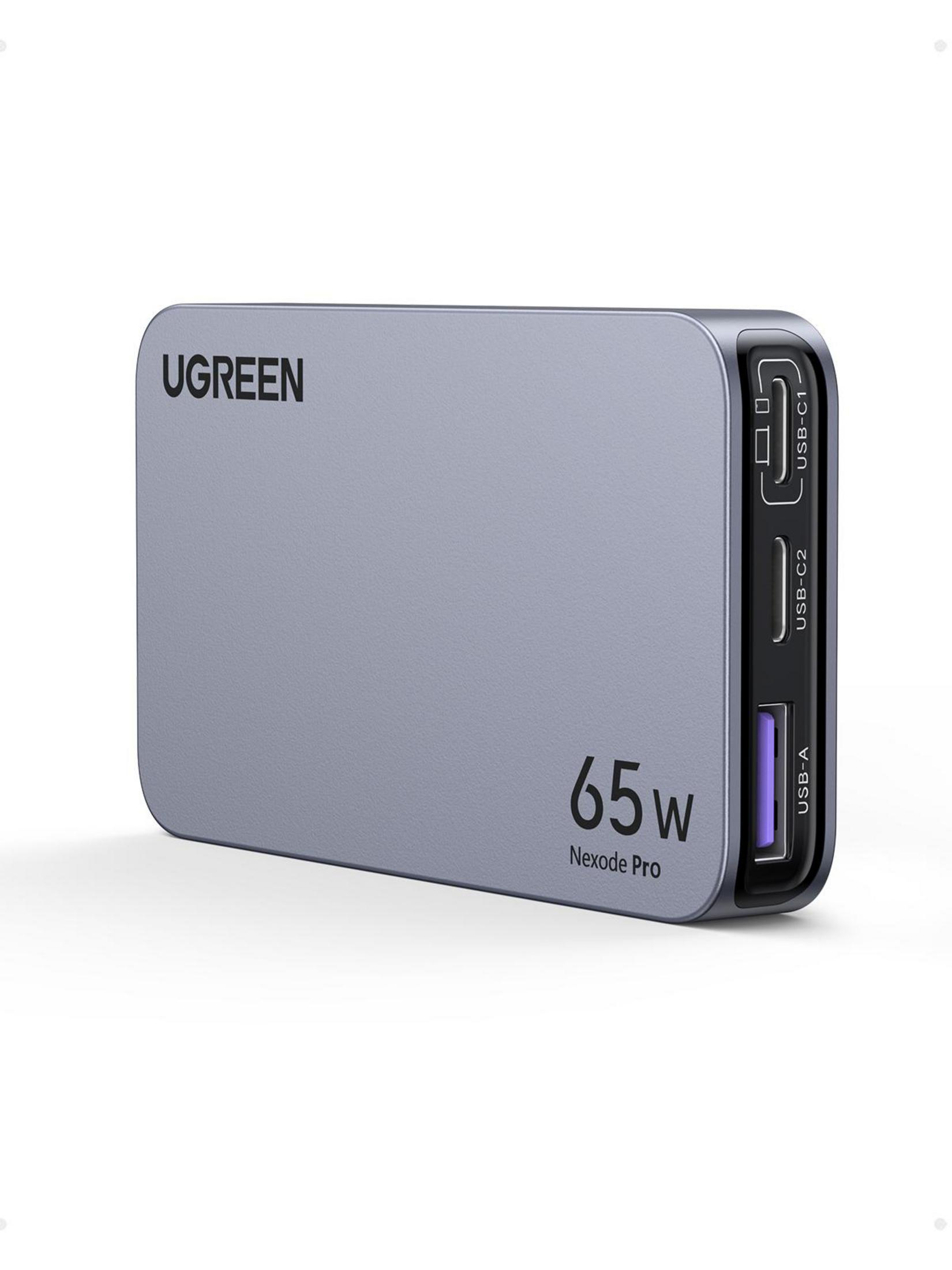 Ładowarka UGREEN 65W, szara, prostokątna. Porty z jednej strony, logo UGREEN u góry. Białe tło.