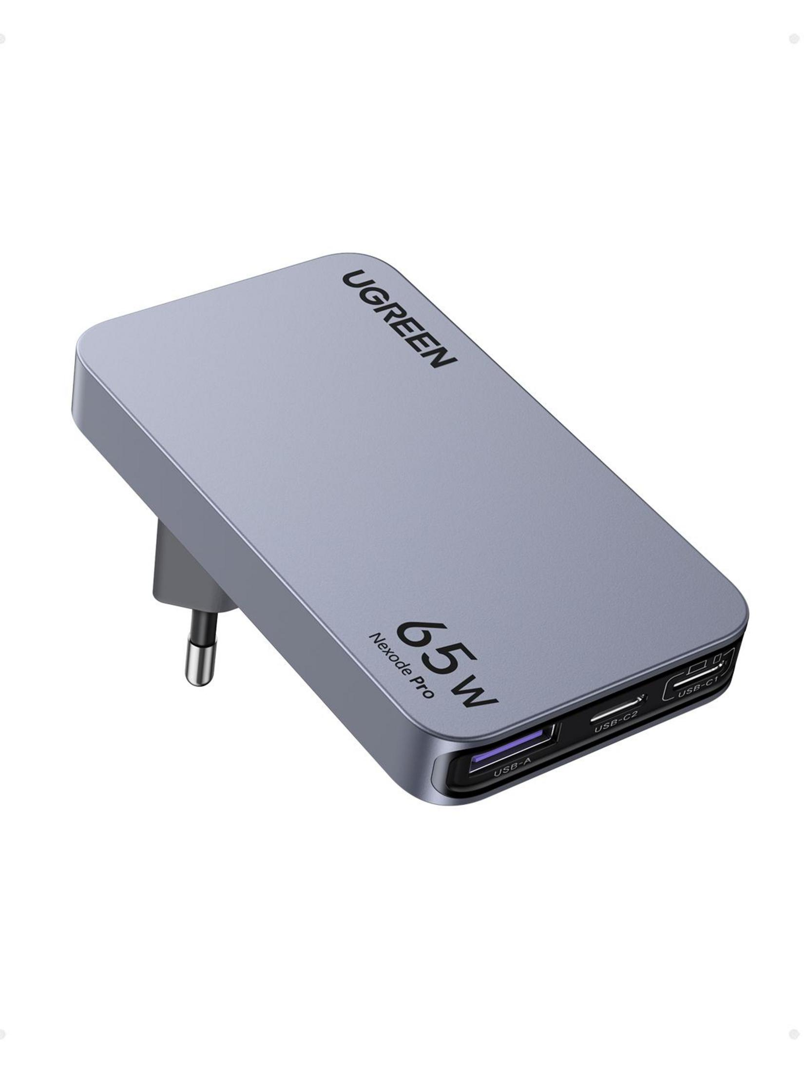 Ładowarka UGREEN 65W, szara, widok z boku. Porty z boku. Białe tło.