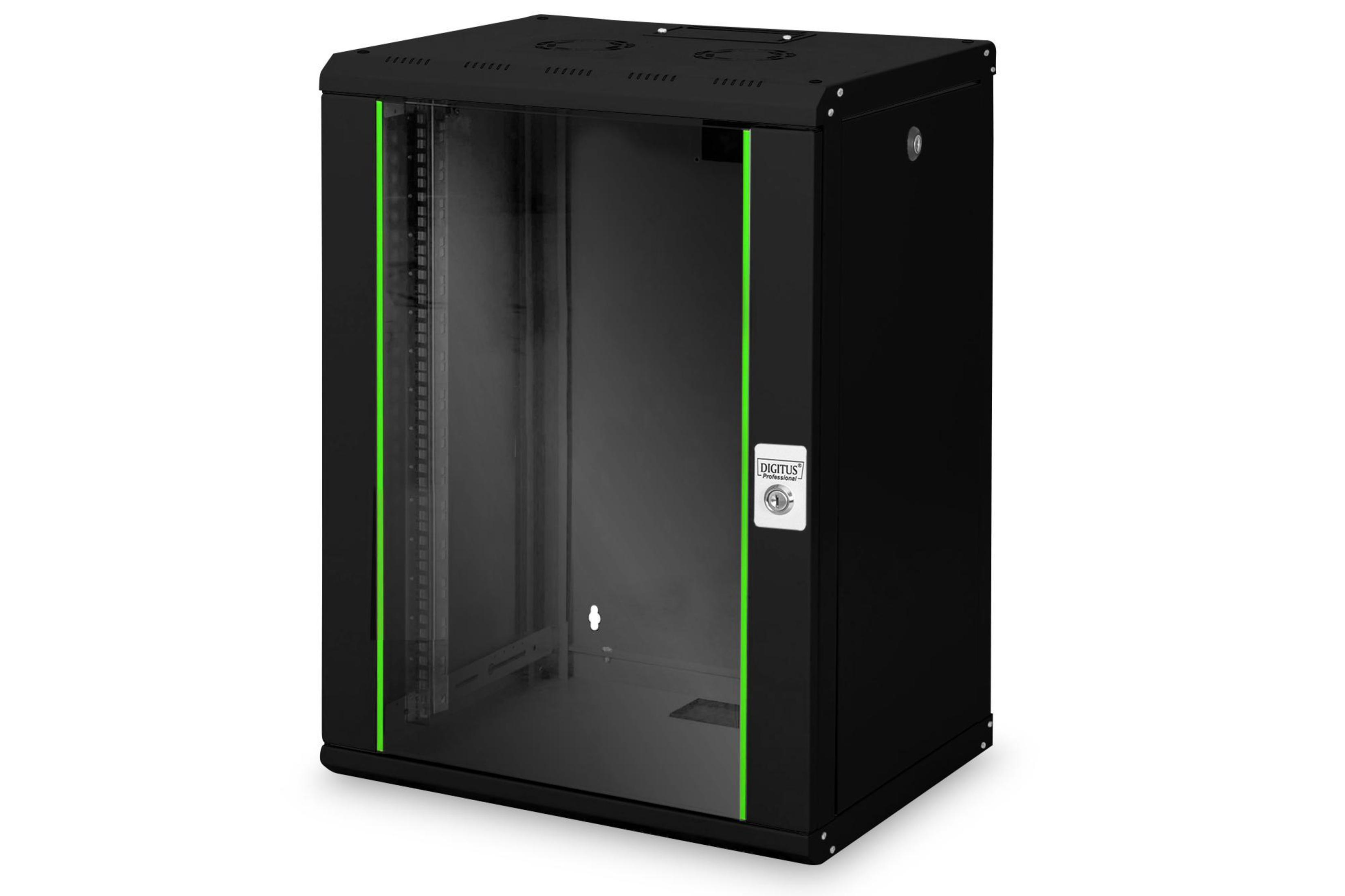 Un rack server nero con una porta in vetro bordata di verde, con una serratura 'Digitus'.