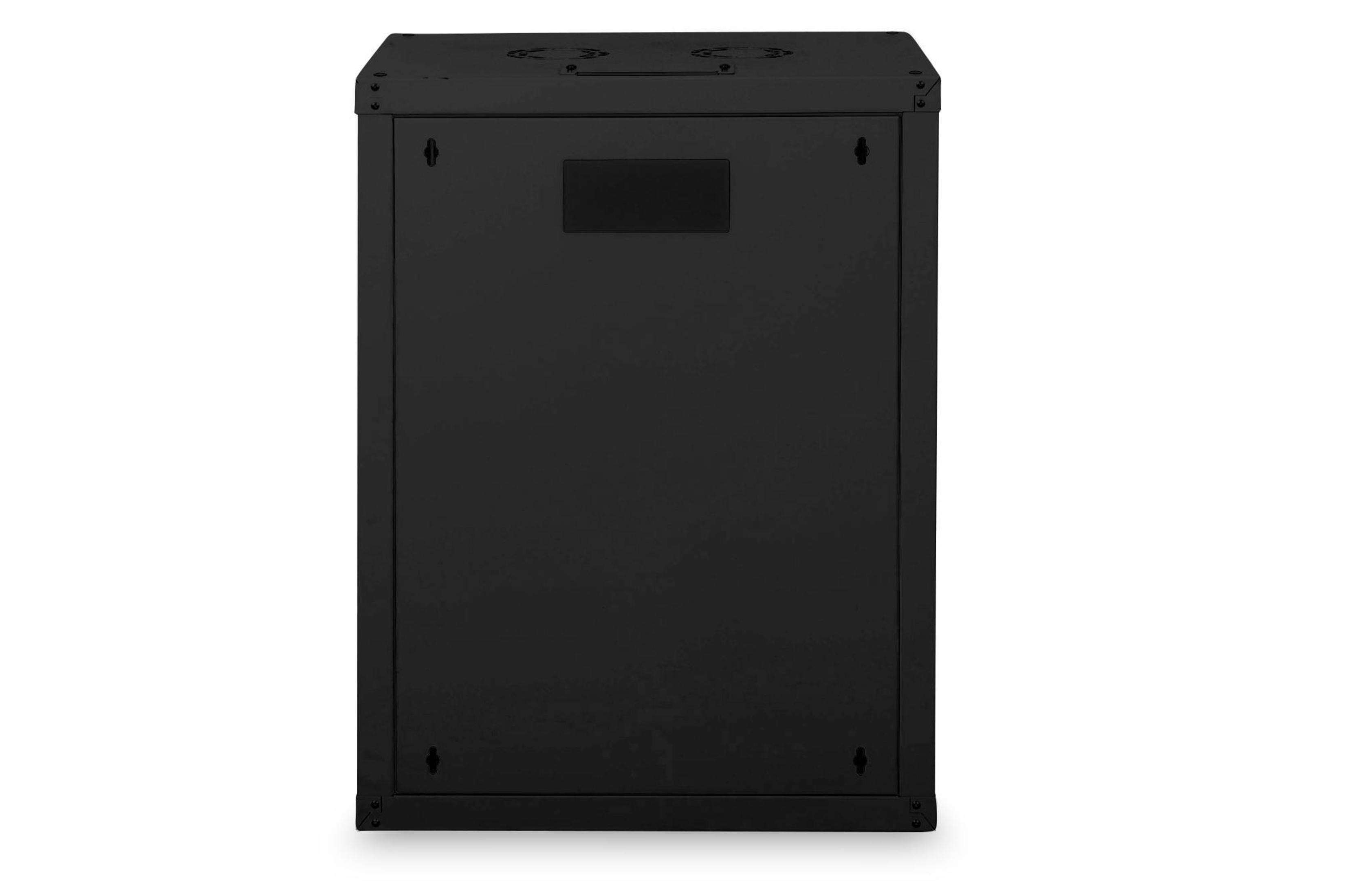 Vista posteriore di un rack server nero, che mostra un pannello semplice e punti di montaggio su uno sfondo bianco.