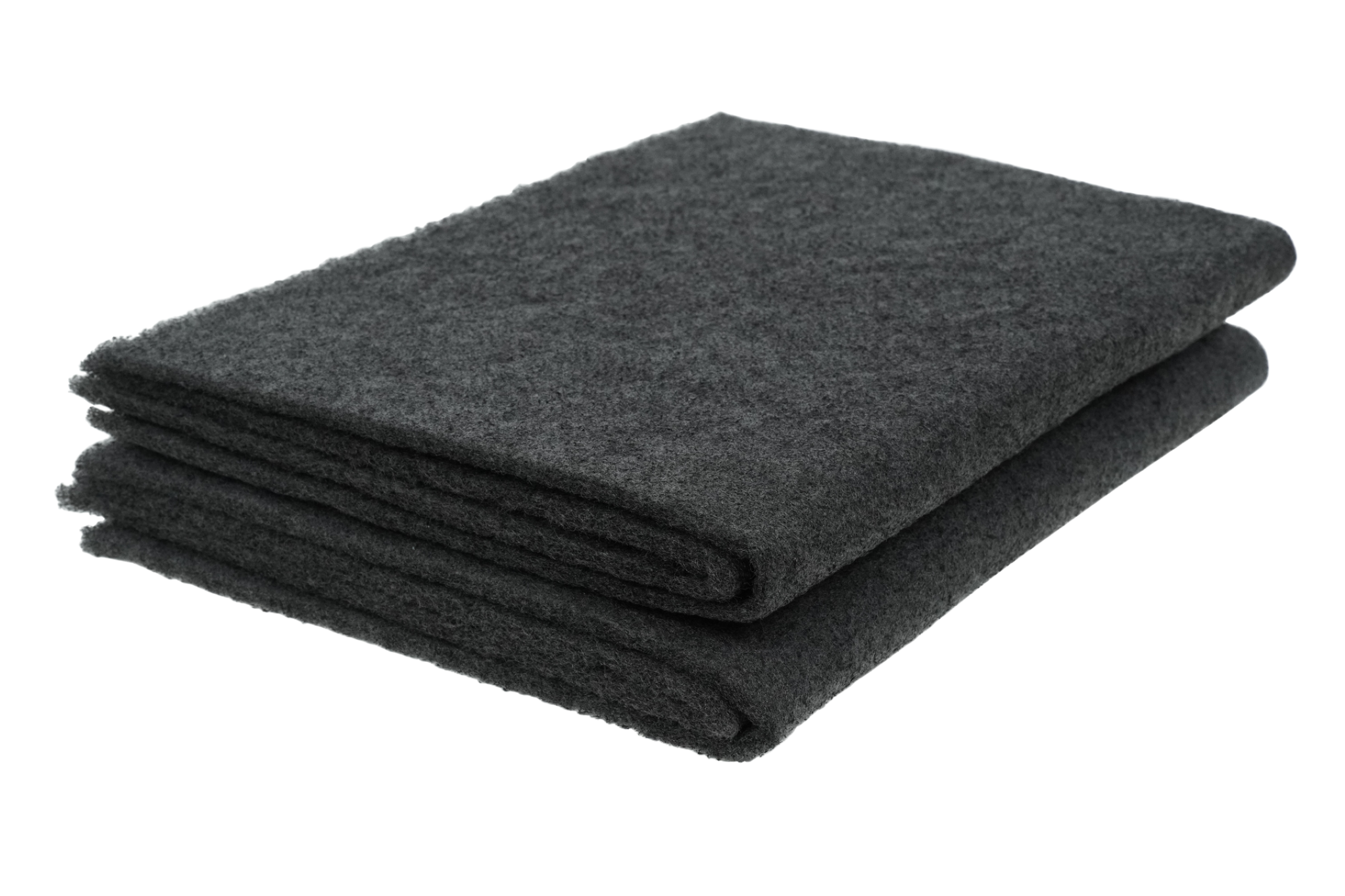 Two dark gray or black fabric squares are stacked on top of each other against a white background.
