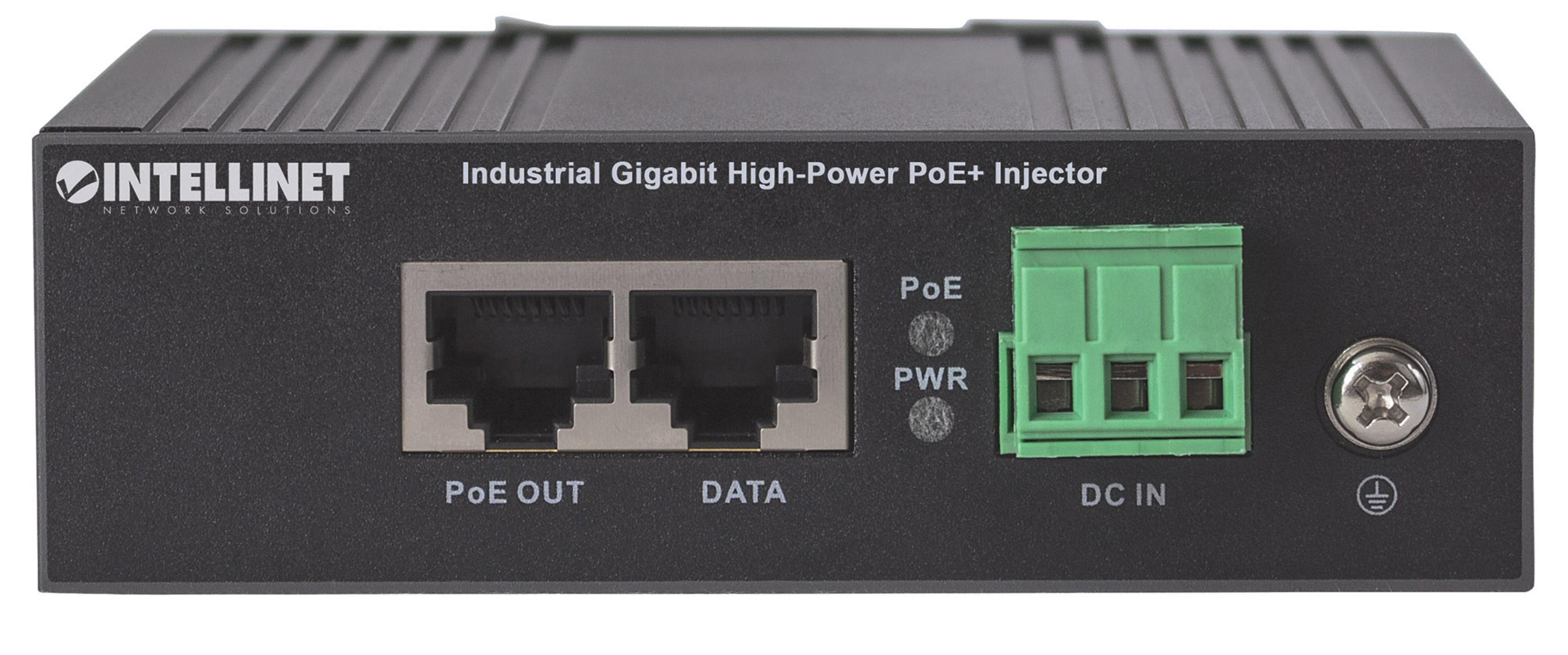 Schwarzer Intellinet Industrial Gigabit High-Power PoE+ Injector mit Ports und Anzeigen auf weißem Hintergrund.