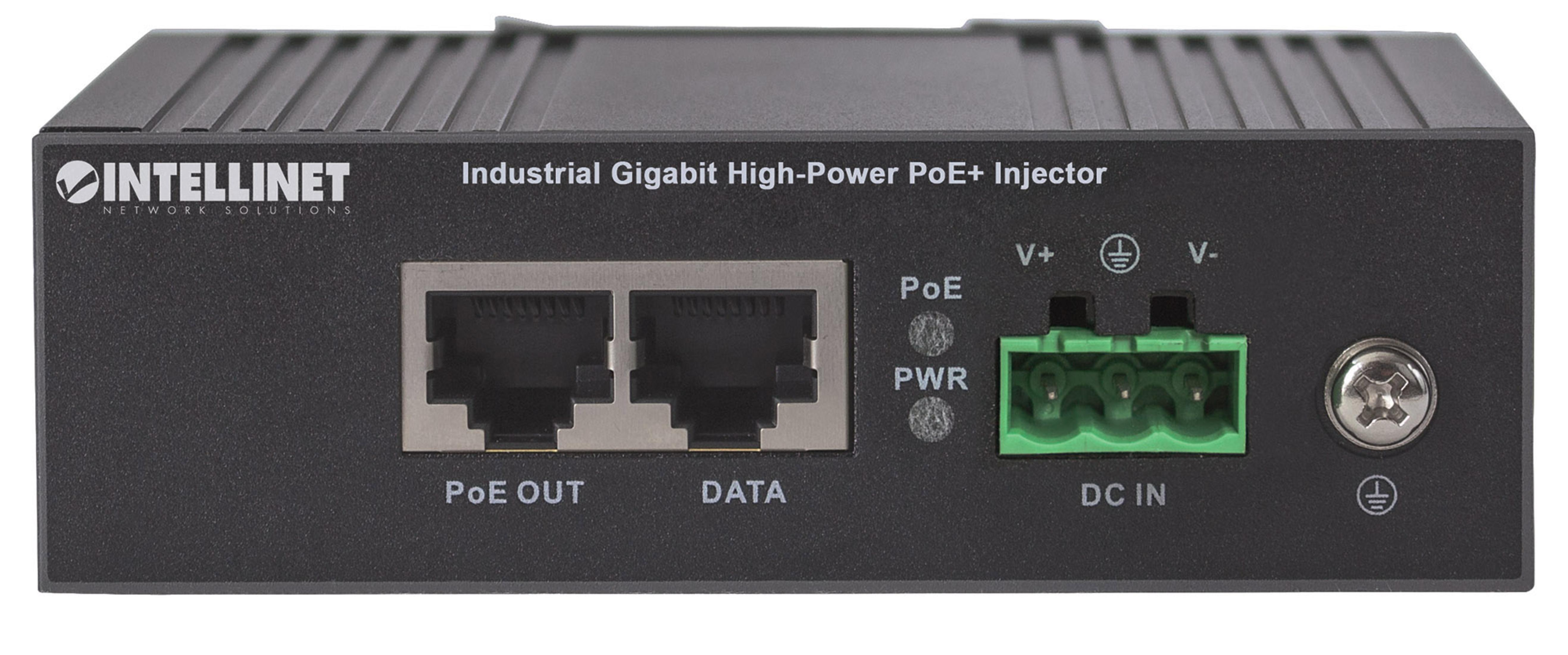 Schwarzer Intellinet Industrial Gigabit High-Power PoE+ Injector mit Ports und Anzeigen auf weißem Hintergrund.