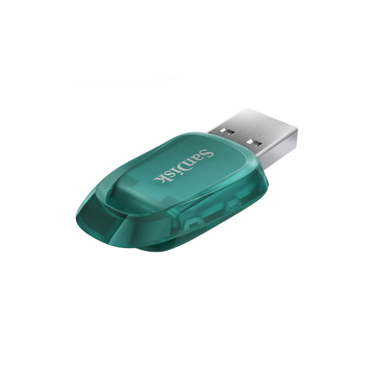 Une clé USB SanDisk verte et transparente avec un connecteur argenté sur fond blanc, affichée en biais.