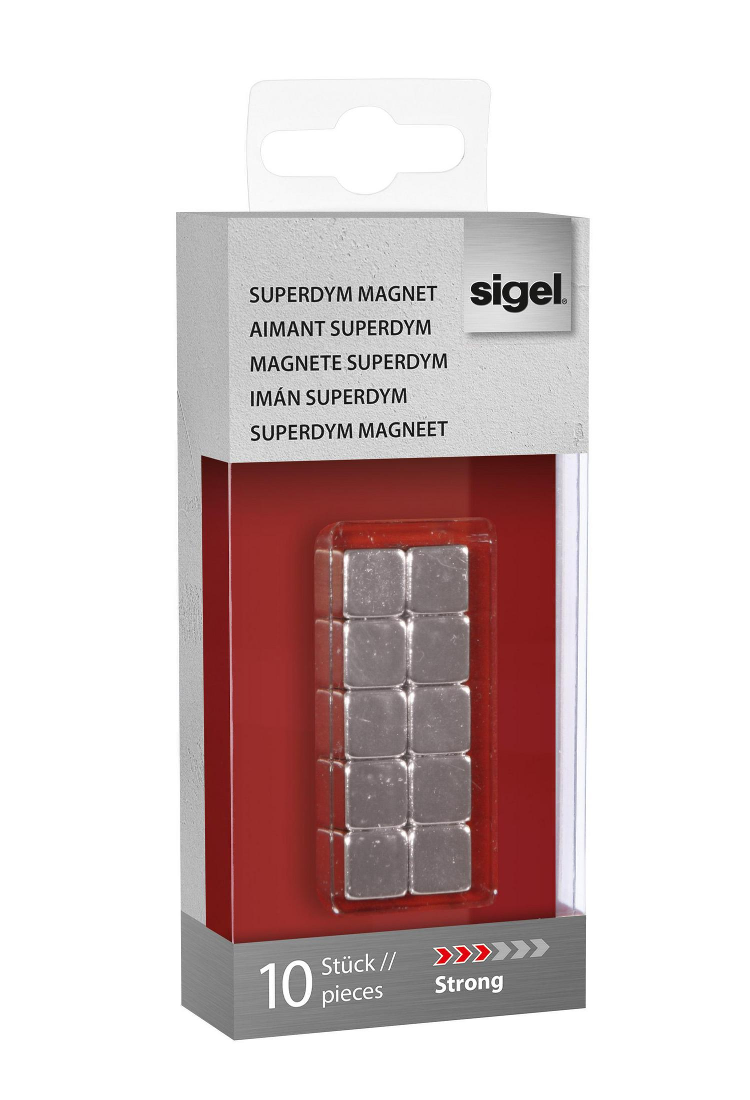 Eine Packung silberner Magnetwürfel mit dem Markennamen 'sigel'.