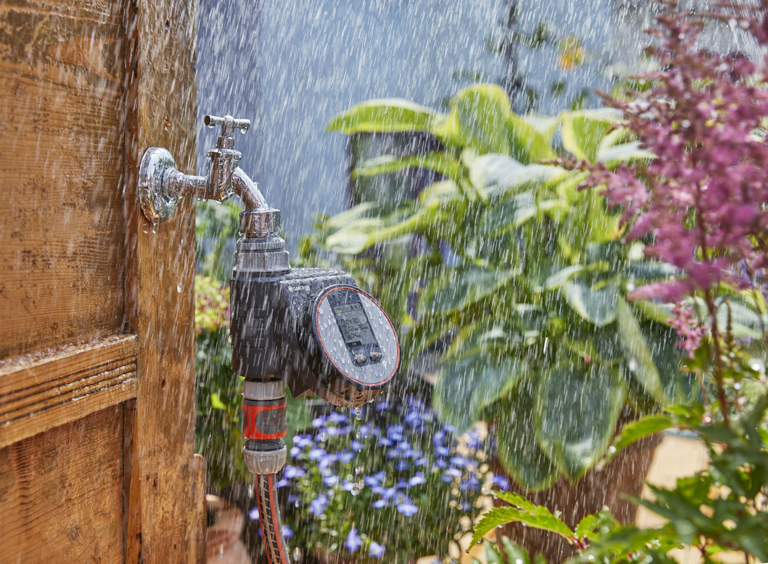 Wasser spritzt aus einem Wasserhahn mit Zeitschalter. Pflanzen im Hintergrund.