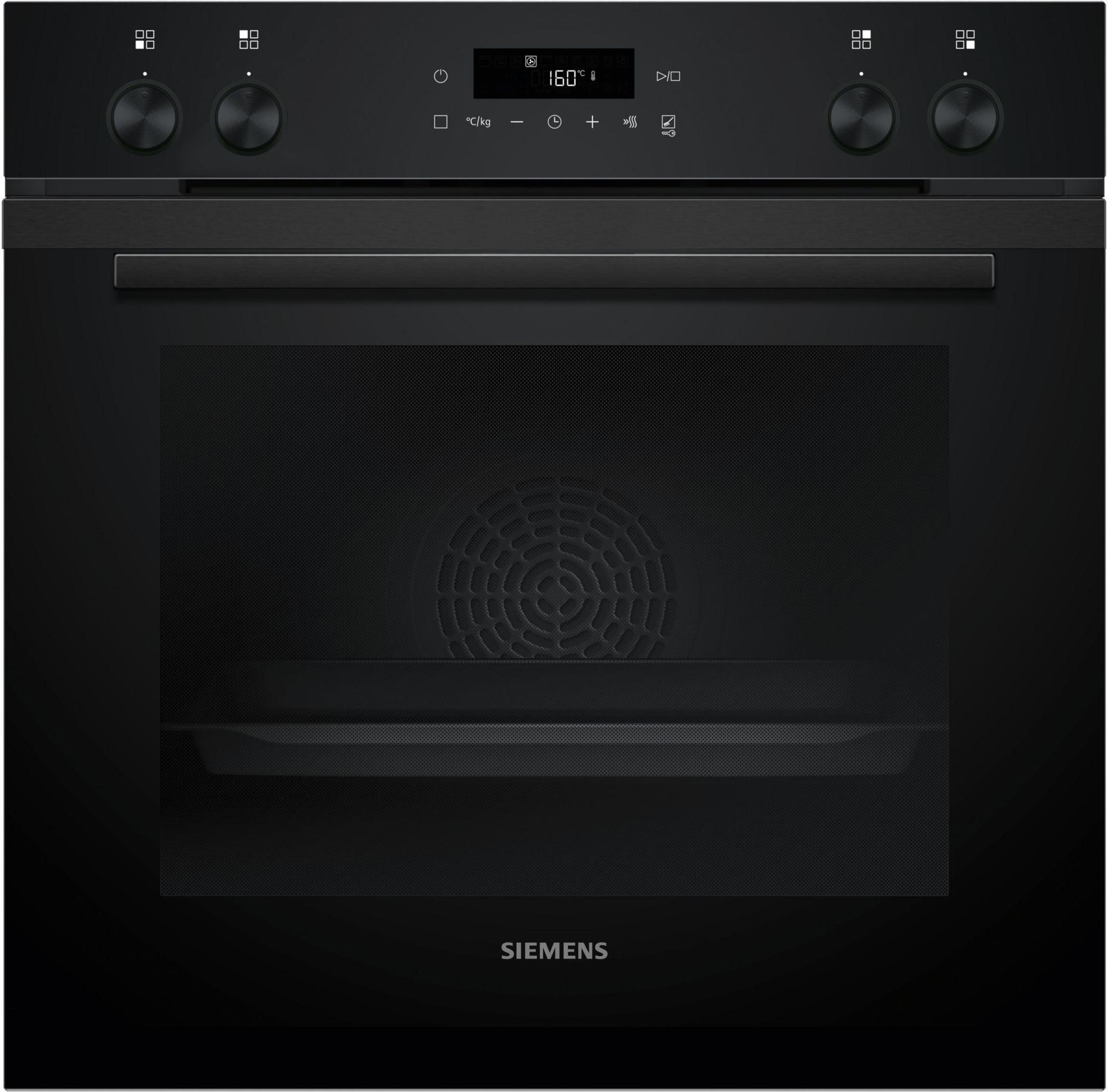 Ein moderner, schwarzer Siemens-Backofen mit sichtbarem Ventilator und Tablett.