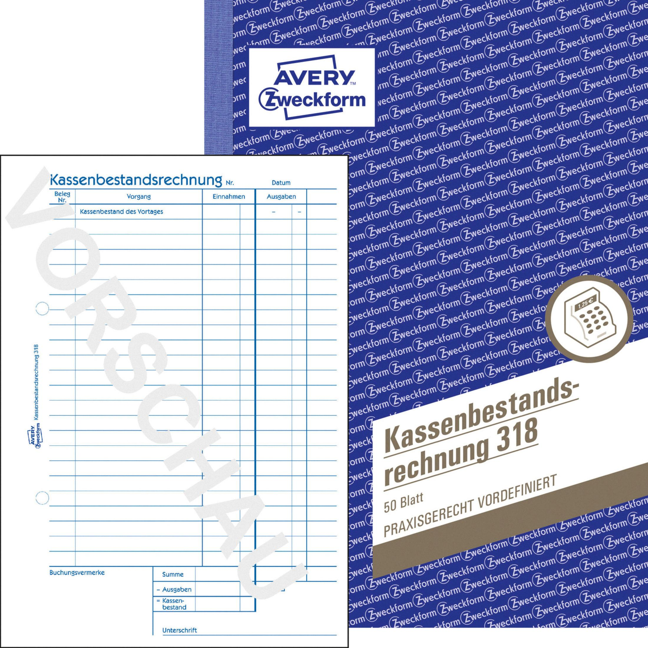 Ein Dokument mit Buchhaltungsdetails und einem Logo, mit dem Text 'Kassenbestandsrechnung 318' sichtbar.