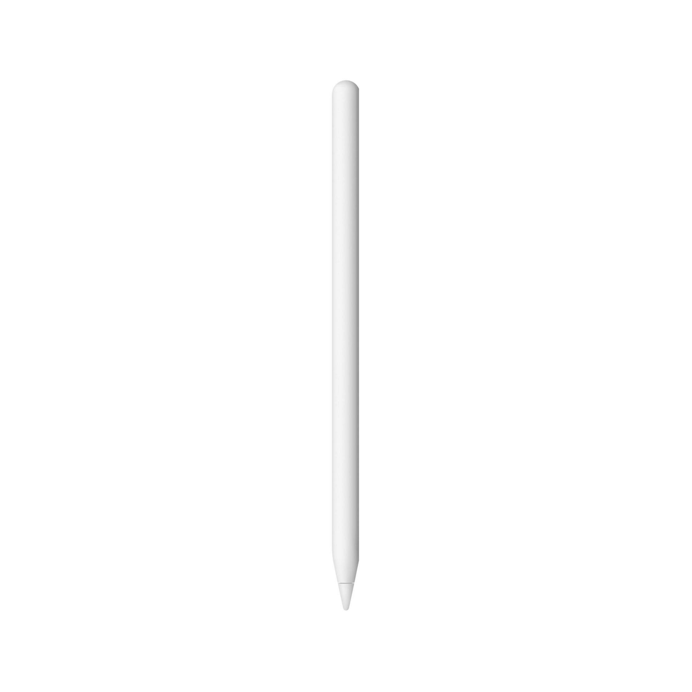 Biały Apple Pencil na białym tle. Ołówek jest długi i cienki ze spiczastą końcówką.