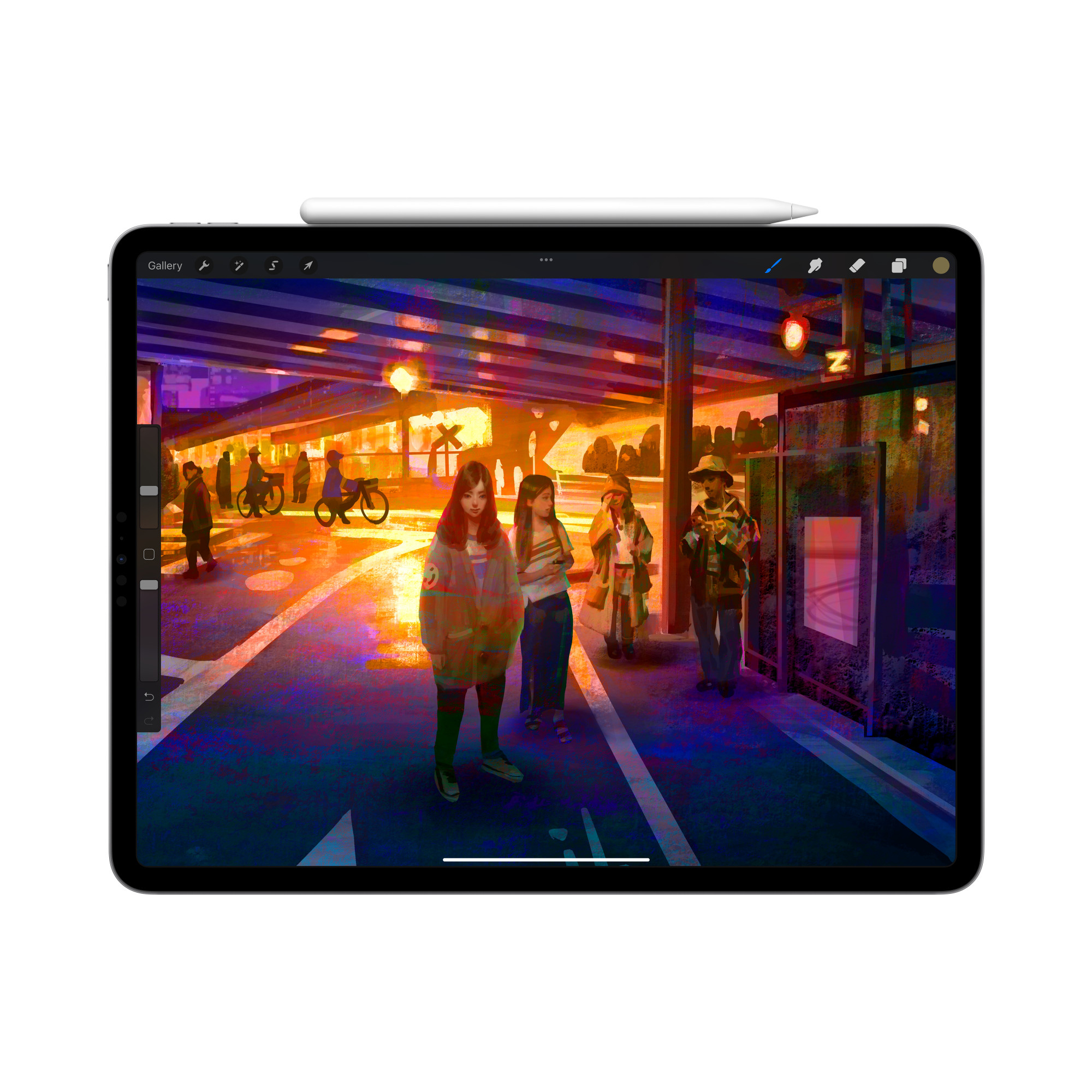 iPad wyświetlający cyfrowe dzieło sztuki z ludźmi na ulicy, oświetlone światłem słonecznym. Na górze spoczywa Apple Pencil.