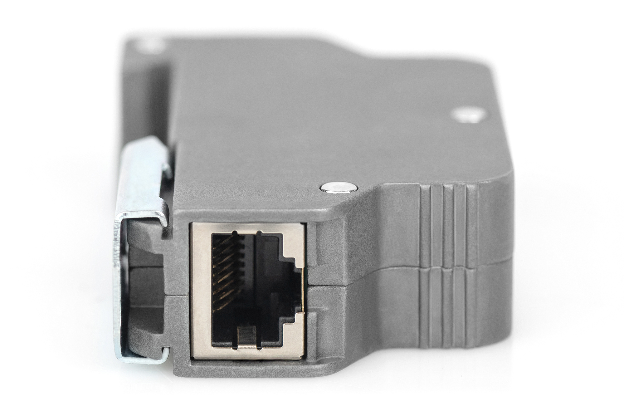 Graues elektrisches Bauteil mit Netzwerkanschluss, auf weißem Hintergrund.
